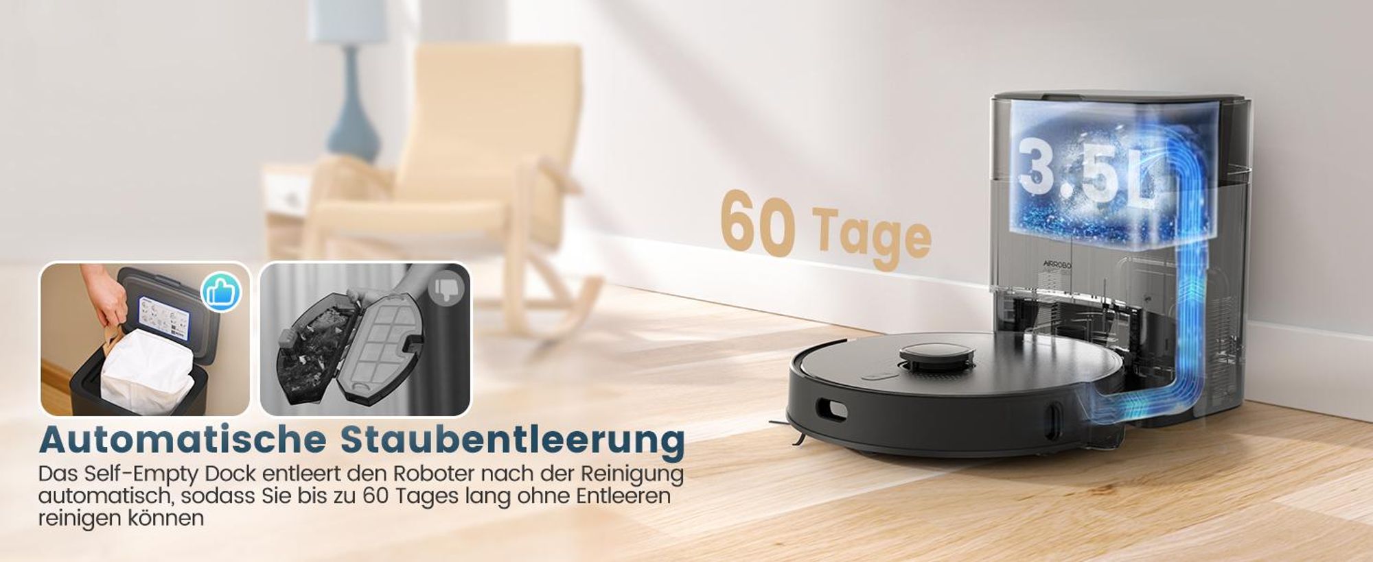 AIRROBO Nass-Trocken-Saugroboter L40 Plus Sauger und Wisch Staubsauger mit Wischfunktion Absaugstation, 5500Pa, 180min, 200m², 60 Tage freihändig