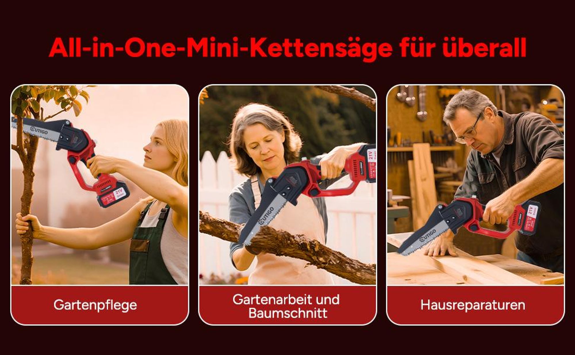 8 Zoll Akku Kettensäge, OUTIGO 1000 W Akku-Kettensäge, 21 V Akkus 2*4000mAh , leistungsstarkes Gartengerät zum Schneiden von Ästen