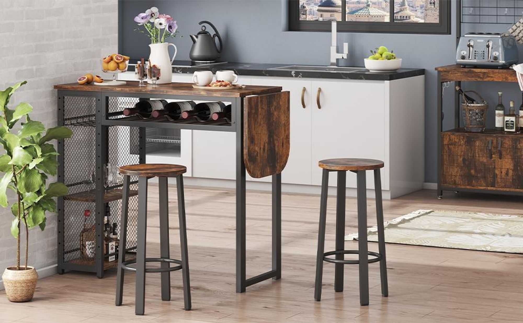 Industrie-Stil Stehtisch Küchentisch & Bartisch mit 2 Barhockern | Esstisch mit Weinglashalter & Ablage | Höhenverstellbarer Stehtisch für Bar, Bistr