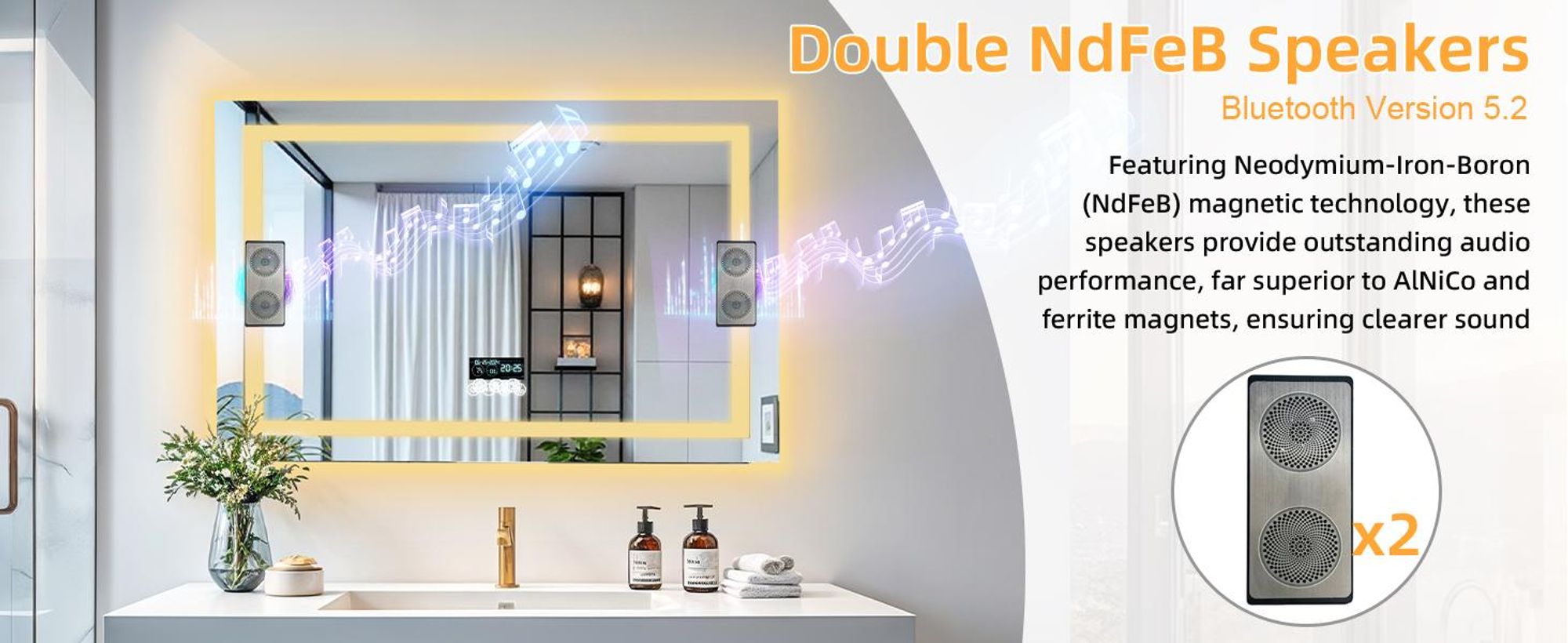 WISFOR LED Badspiegel mit Bluetooth Lautsprecher, 80x60cm Badezimmerspiegel mit Beleuchtung 3 Lichtfarbe, LED Wandspiegel dimmbar beschlagfrei
