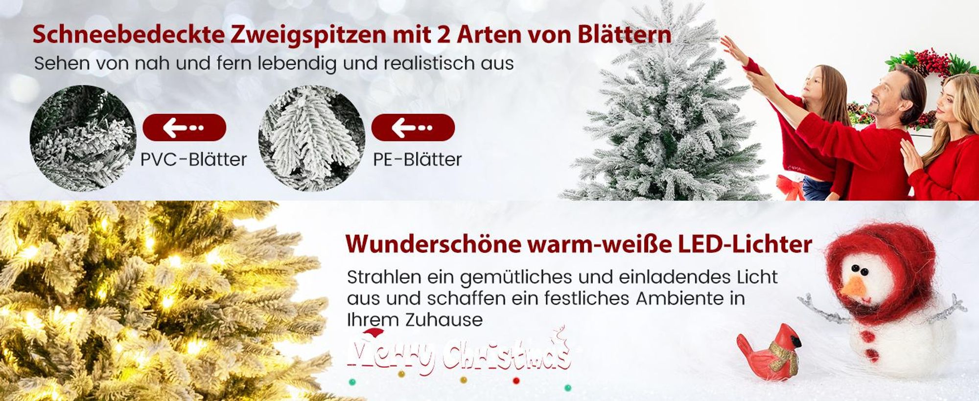 COSTWAY Künstlicher Weihnachtsbaum 180cm, Tannenbaum 1022 gemischte Zweigspitze mit Schnee, 350 Warmweiße LEDs, Christbaum Weihnachten, weiß grün
