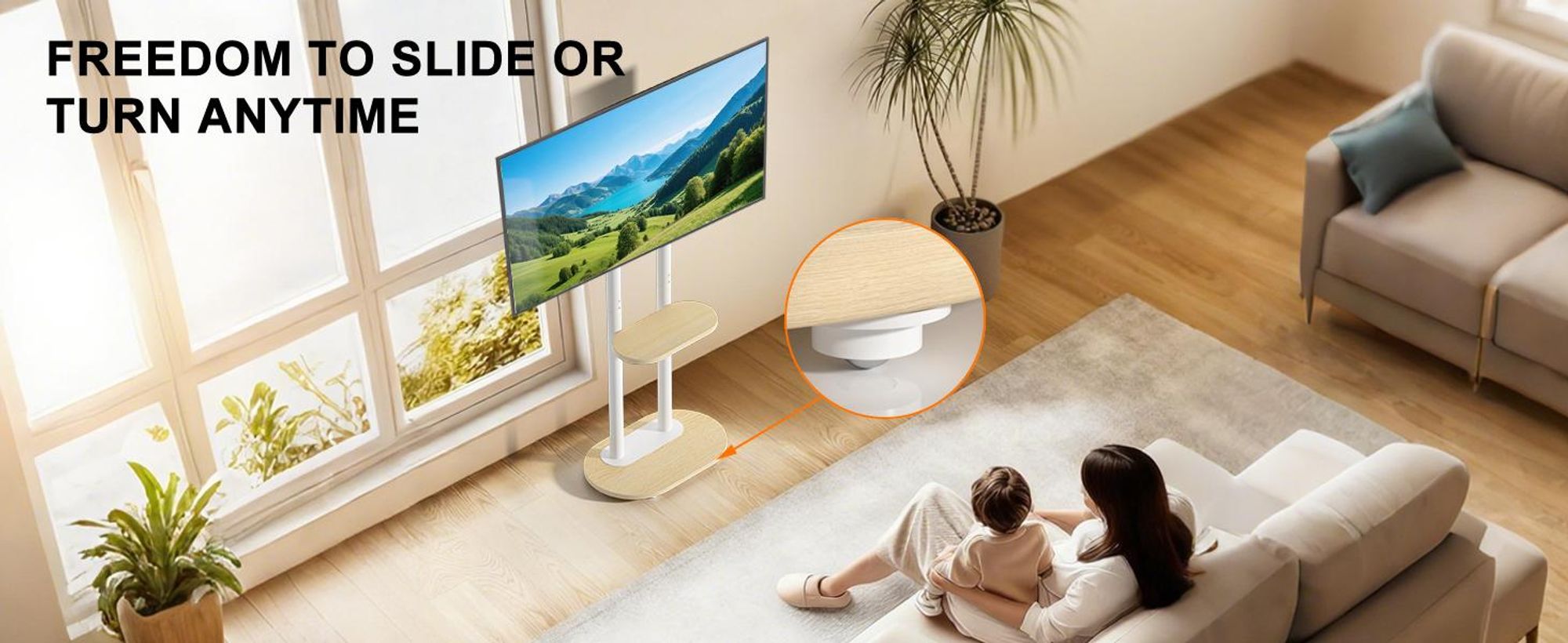 WISFOR TV Standfuss Höhenverstellbar, TV Ständer Rollbar, TV Bodenständer mit 2 Ablagen für 40-75 Zoll Fernsehstand, VESA 600x400mm, bis Max 60kg
