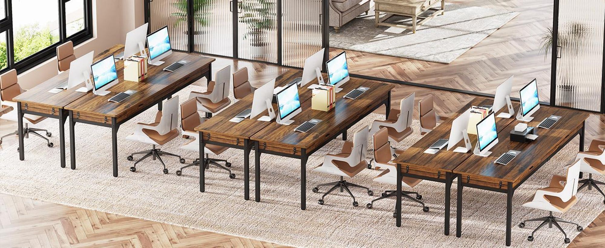 Tribesigns Bureau, computerbureau, 200 x 60 x 82 cm, dubbel bureau met 2 lades, computerbureau, kantoorbureau, werkplek, eettafel, bruin