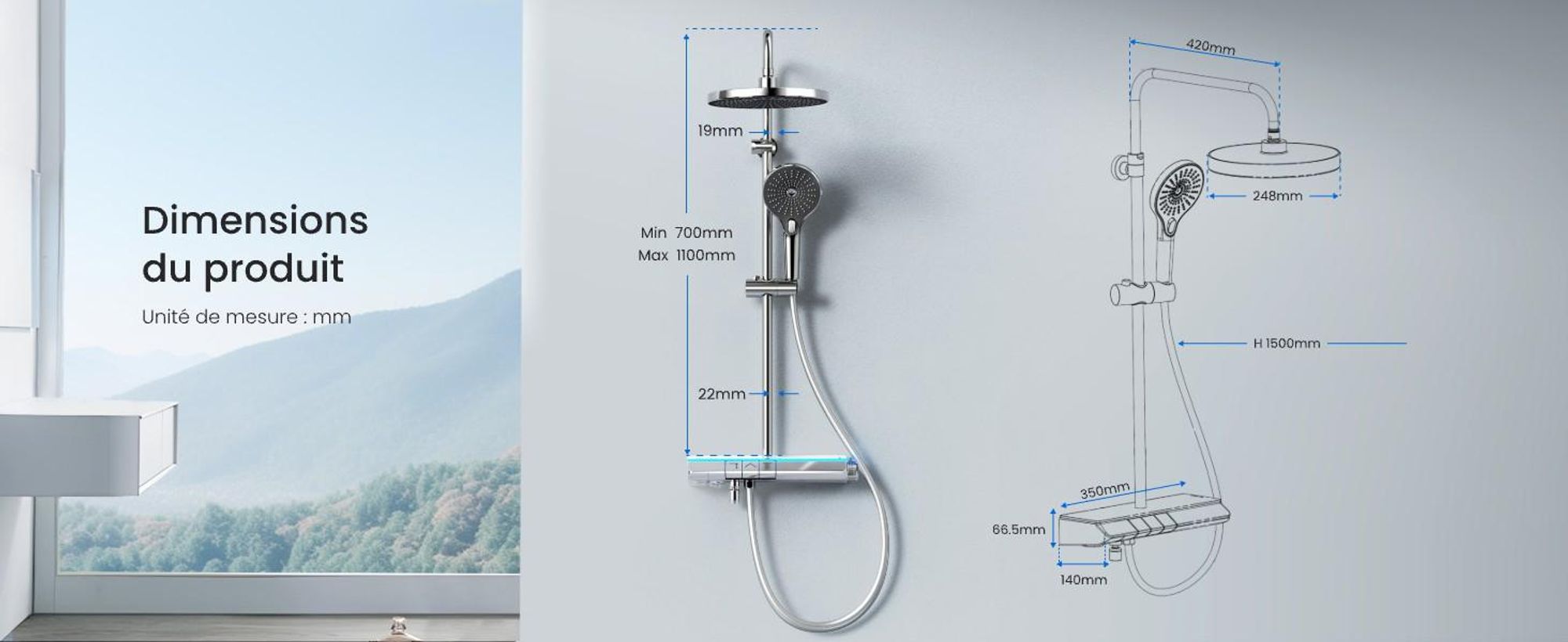 EMKE® Système de douche avec thermostat chrome avec éclairage d'ambiance LED bleu, affichage digital, douche à effet pluie 250mm, bec de baignoire & tablette en verre F25