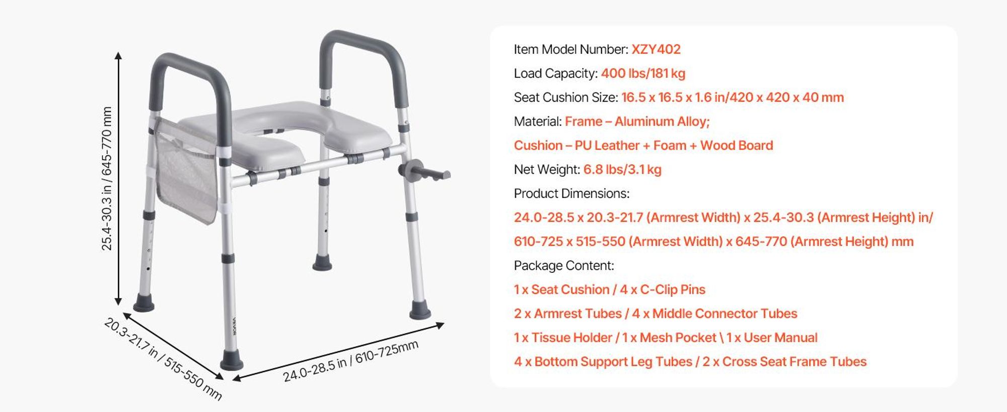 VEVOR Erhöhter Toilettensitz, 7-fache Höhenverstellung 490 - 640 mm, 158,7 kg Tragfähigkeit, mit gepolstertem Aluminiumrahmen, universeller Toilettensitzerhöher, für Senioren, Behinderte, Schwangere, medizinisch, Vier-Fuß Bodenstehender Typ, Maximale Belastung: 400 lbs