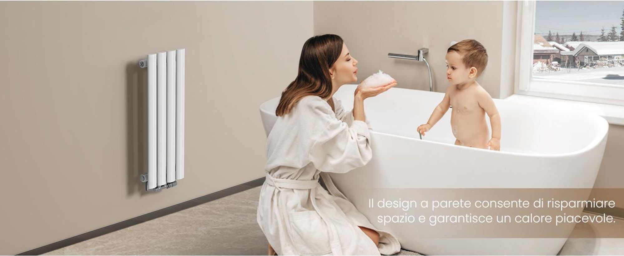 Radiatore tubolare di design EMKE per il funzionamento ad acqua calda con attacco centrale verticale ovale monostrato 427 watt 24cm x 160cm bianco senza elemento riscaldante