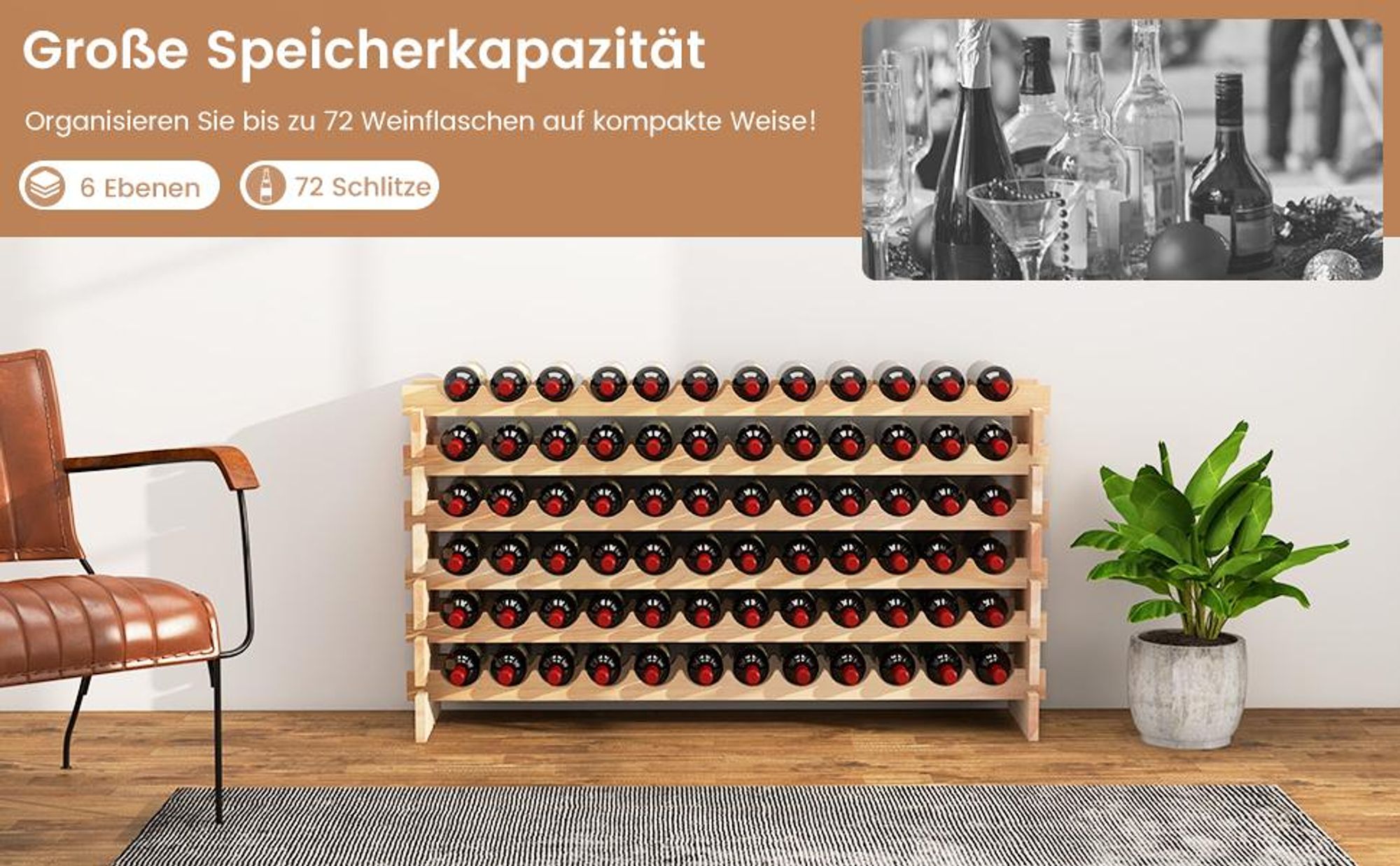 GOPLUS Weinregal stapelbar, Flaschenregal mit 6 Ebenen für 60 Flaschen, Flaschenhalter aus Kiefernholz, Natur (für 60 Flaschen)