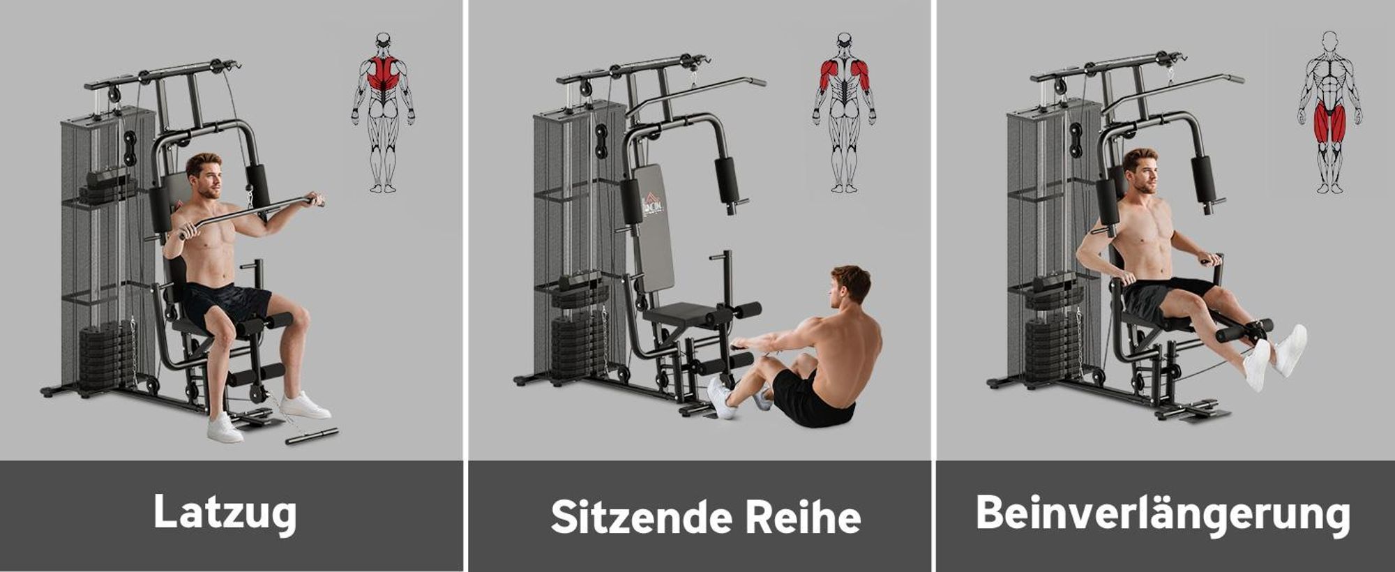 HOMCOM Gym Kraftstation mit Stahlnetz Fitnessstation Multigym Fitnesscenter Fitnessgerät inkl. 45 kg Gewichten Latzug Beincurl Metall Kunstleder