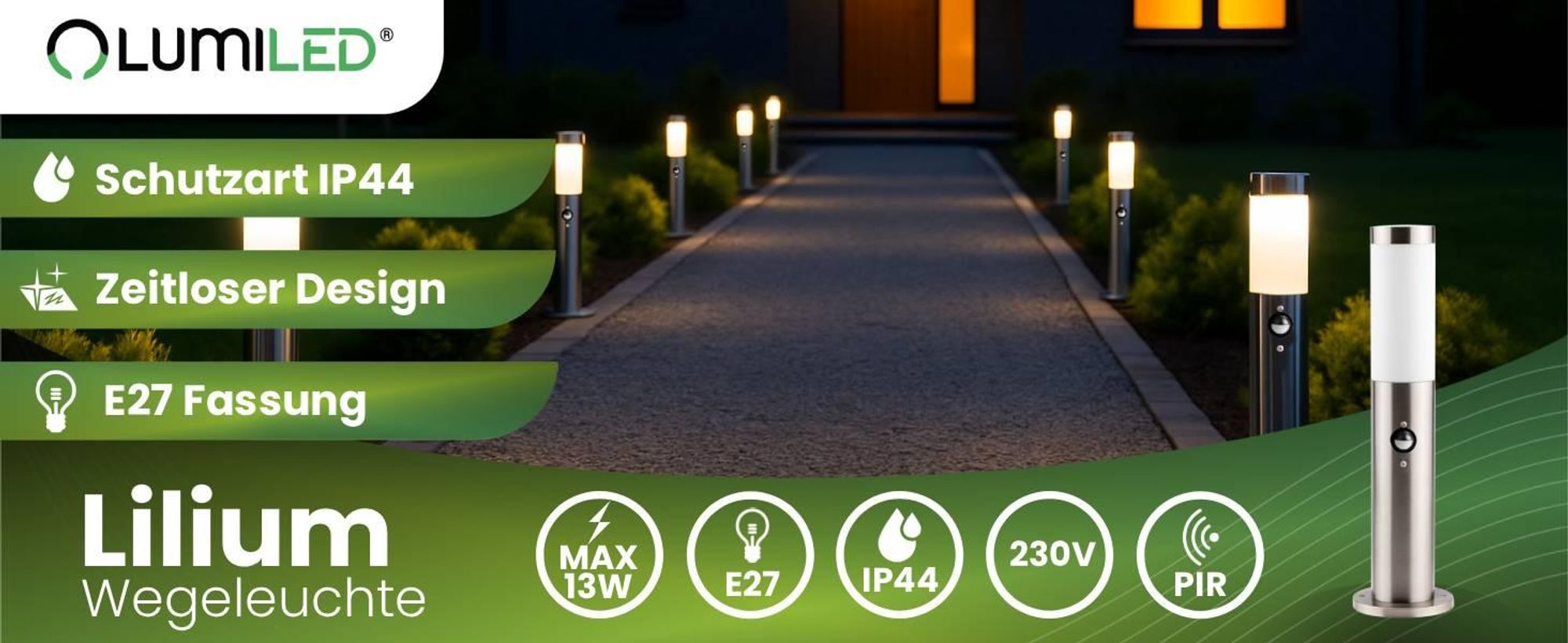 LUMILED Standleuchte Außen 45cm Pollerleuchte mit Bewegungsmelder IP44 Edelstahl E27 Gartenleuchte Silber Stehleuchte Wegeleuchte Außenleuchte