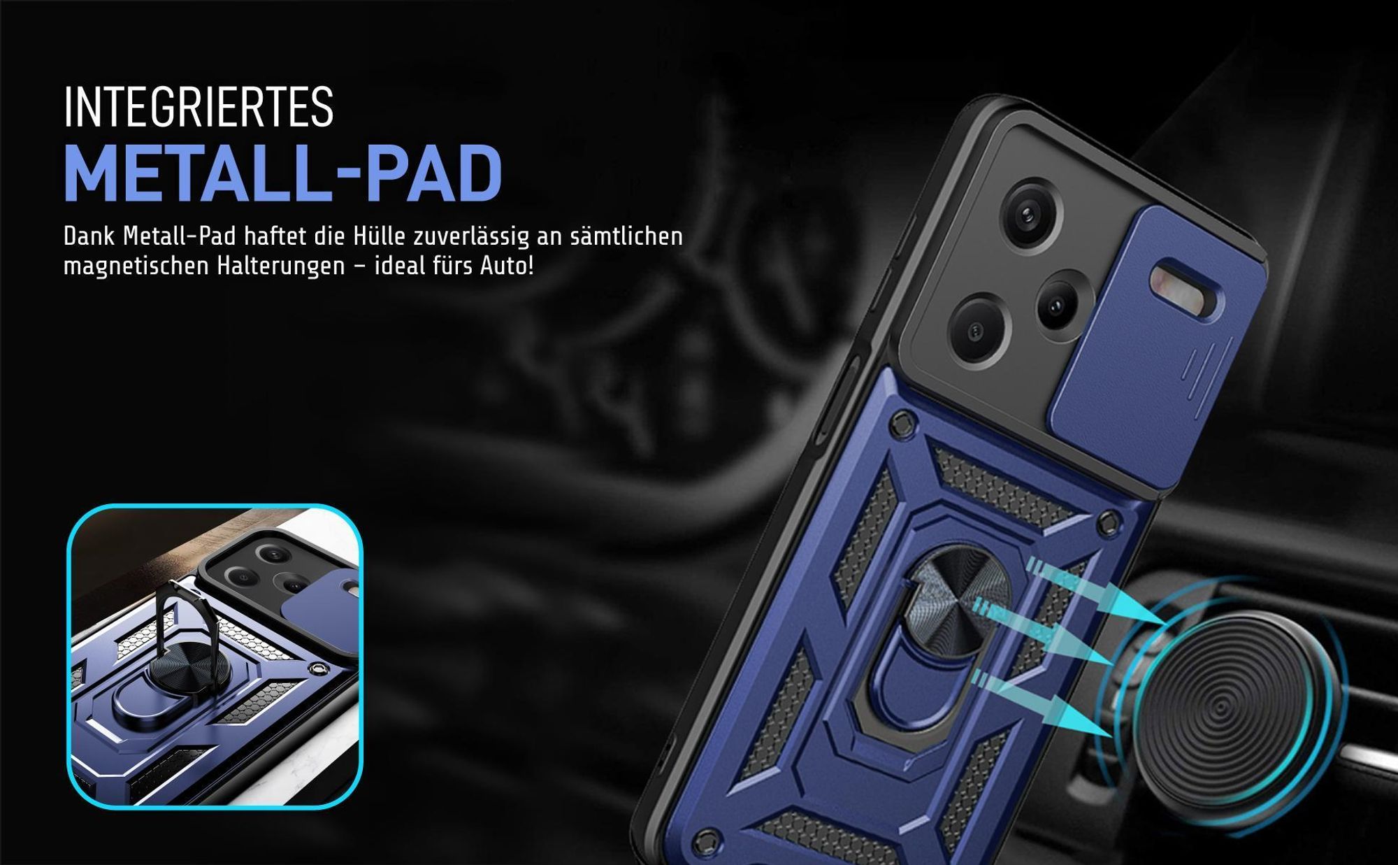 Bumper für Xiaomi Redmi Note 13 Pro+ 5G in Blau mit Metallplatte