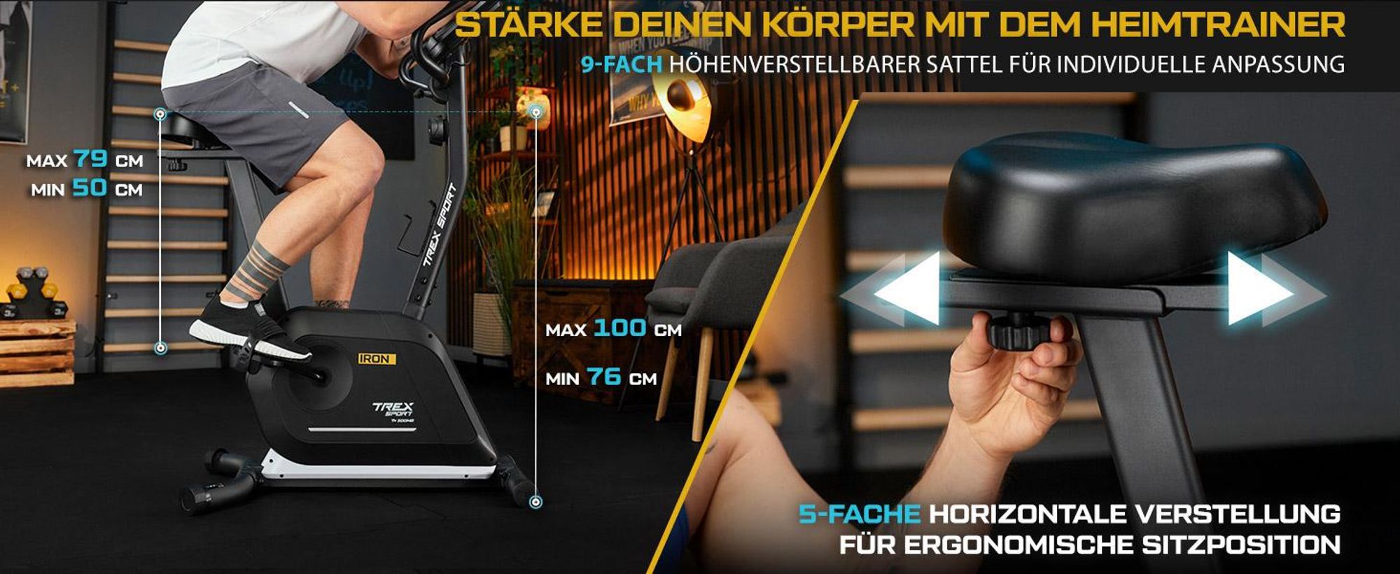 TREX SPORT Heimtrainer Fahrrad TX-500MB IRON | Fitnessbike, 14 Widerstandsstufen, LCD-Display, Pulssensoren | leise, ergonomisch, bis 125kg | Schwarz