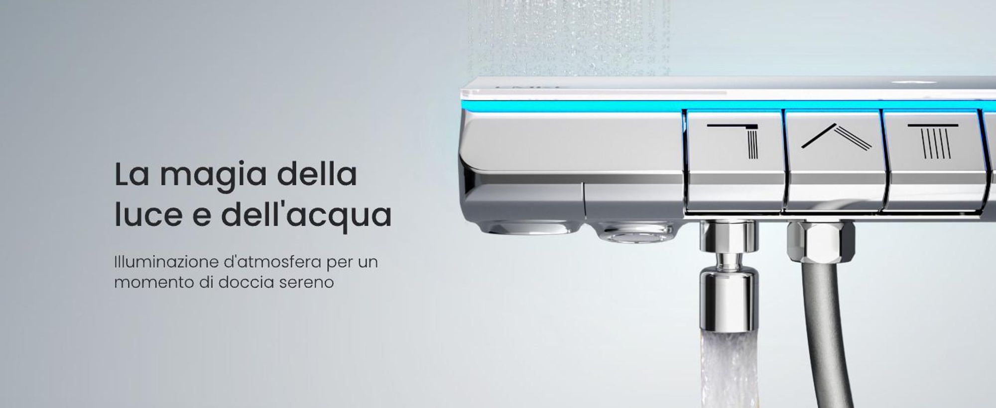 EMKE® Sistema doccia con termostatico cromo con illuminazione ambientale a LED blu, display digitale, doccia a pioggia 250 mm, bocca da bagno e ripiano in vetro F25