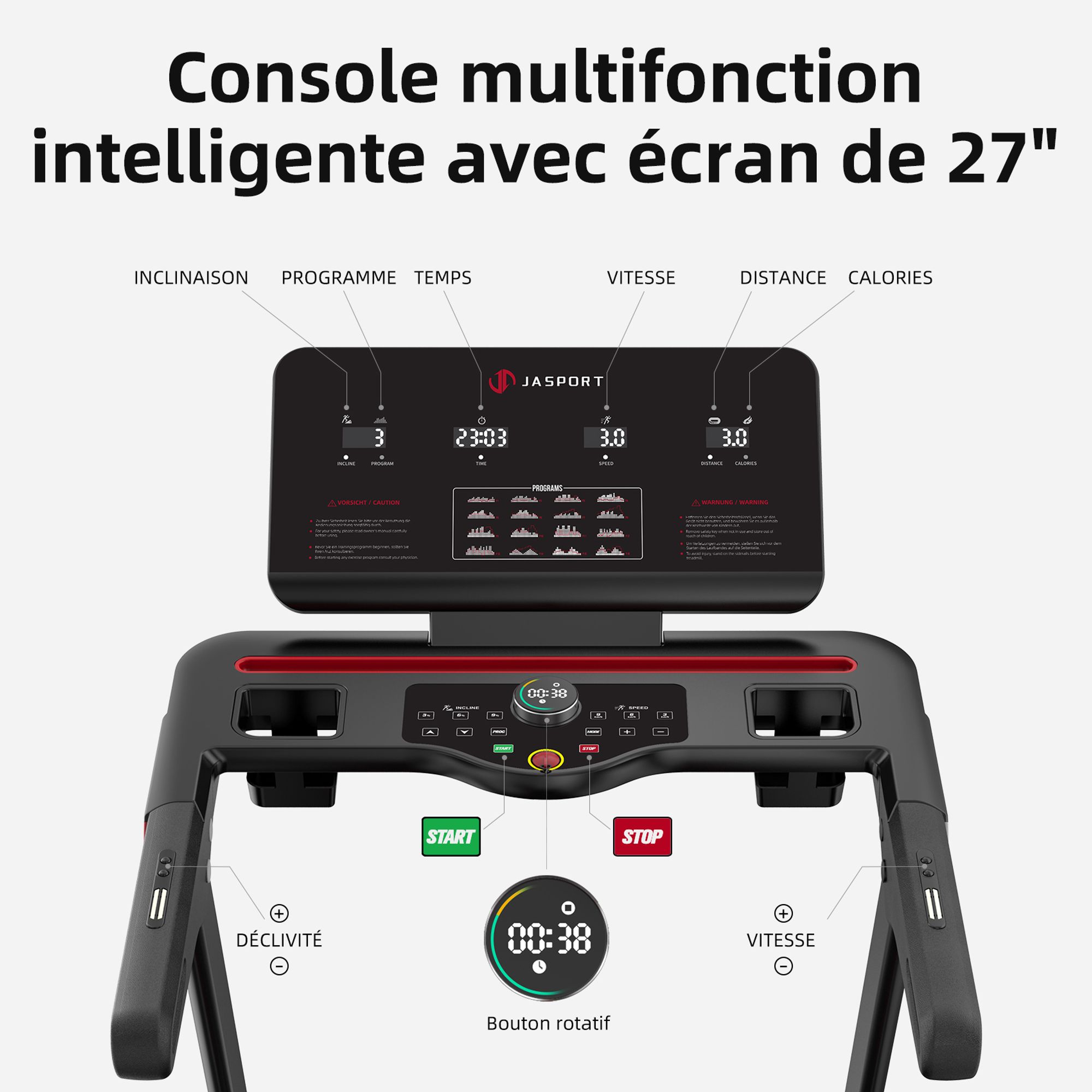 JASPORT L3 tapis de course: pliable, silencieux, Bluetooth, 4CV, jusqu’à 20km/h, inclinaison 18%, surface 1340x480mm, 120kg
