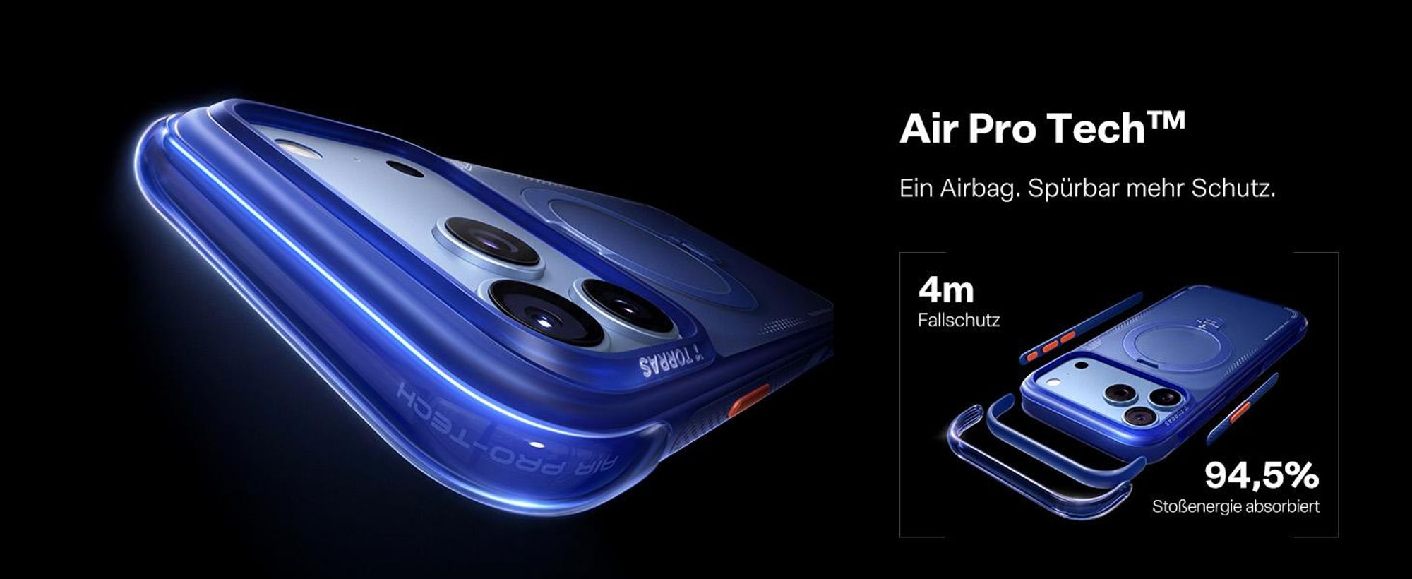 TORRAS Ostand Q3 Air Hülle für iPhone 18 Pro Handyhülle mit Airbag-Schutz & integriertem Ständer, Hellblau