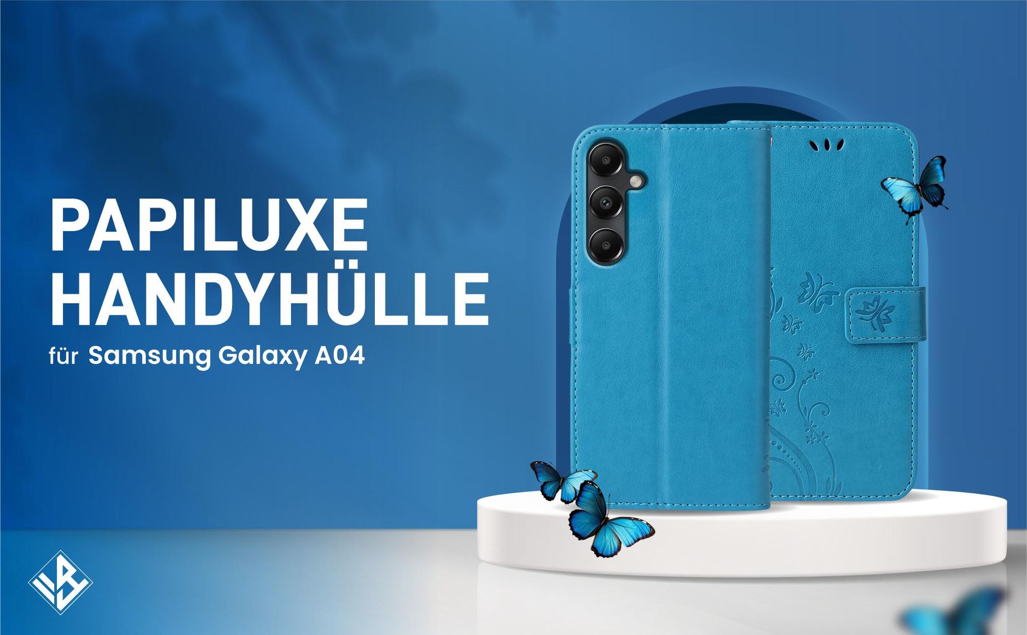 Blaue Klapphülle im Schmetterling Design für Samsung Galaxy A04 mit Wallet-Funktion