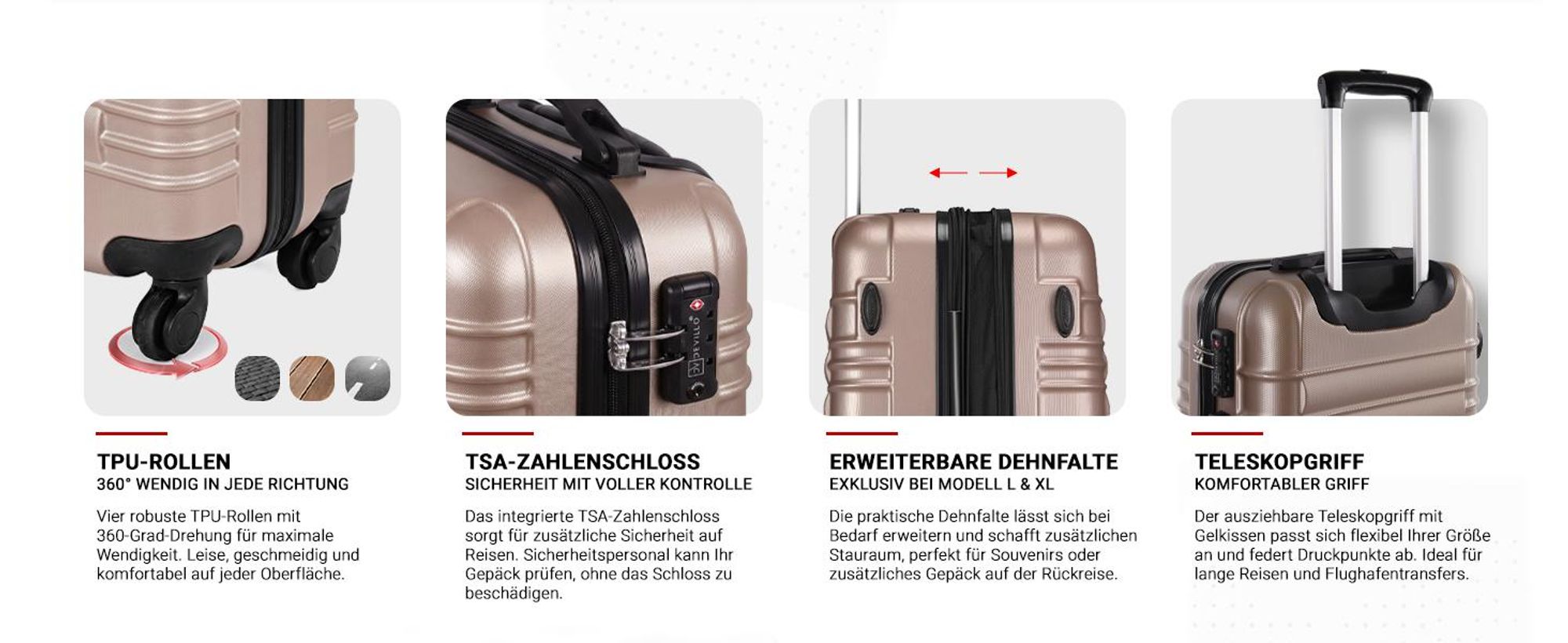 Devillo® Kofferset 4tlg. S-M-L-XL, Champagner - Trolley Koffer Reisekoffer Reisekofferset Gepäck Rollkoffer TSA 4 Rollen ABS-Hartschale Teleskopgriff