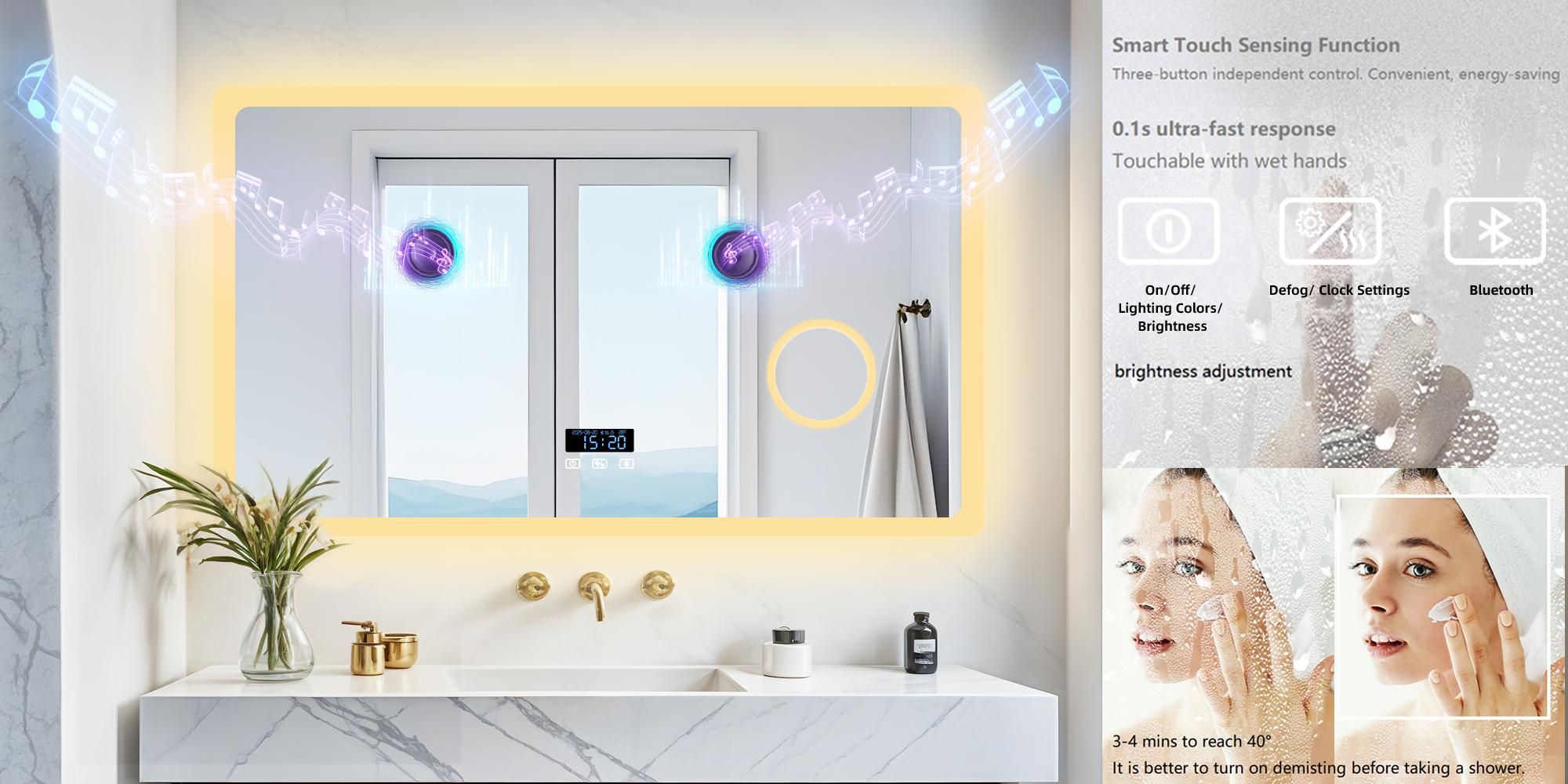 WISFOR Badezimmerspiegel mit Bluetooth und LED-Beleuchtung, 120 x 70 cm,Wandspiegel mit Uhr 3-Fach Schminkspiegel Energiesparend Speicherfunktion