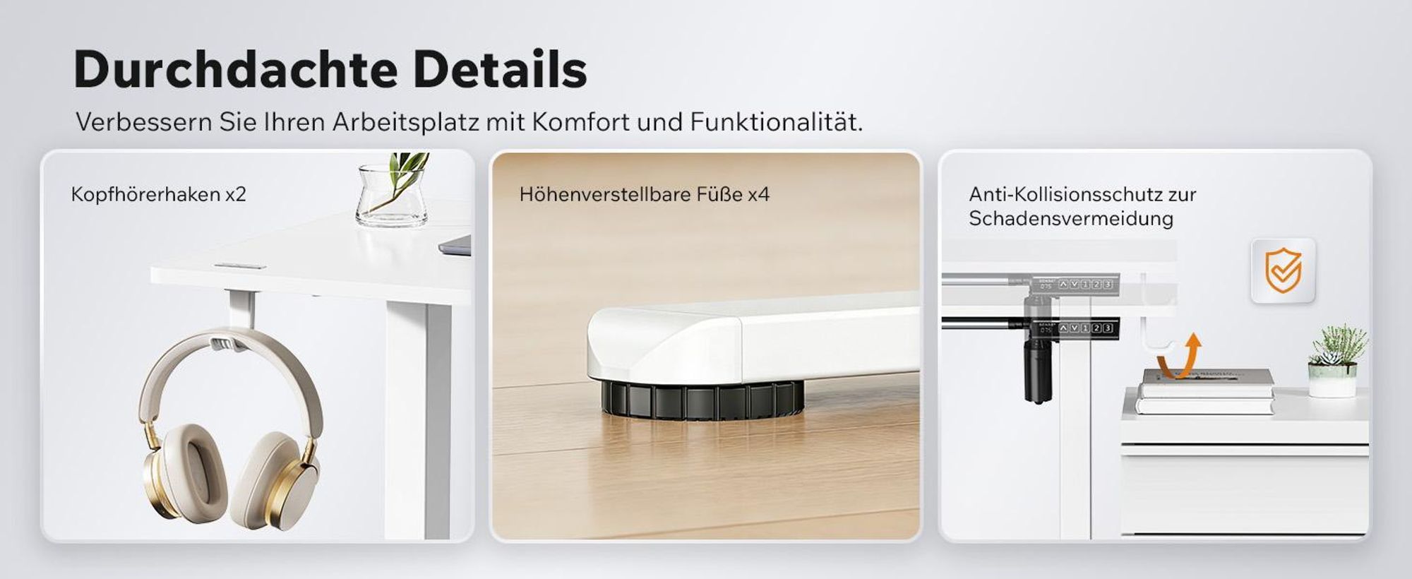 SENSE7 NOJO Light Elektrisch Höhenverstellbares Schreibtischgestell | 72-118cm, Memory-Funktion, Kopfhörerhalter, Max. 70kg, Stahl-Tischgestell