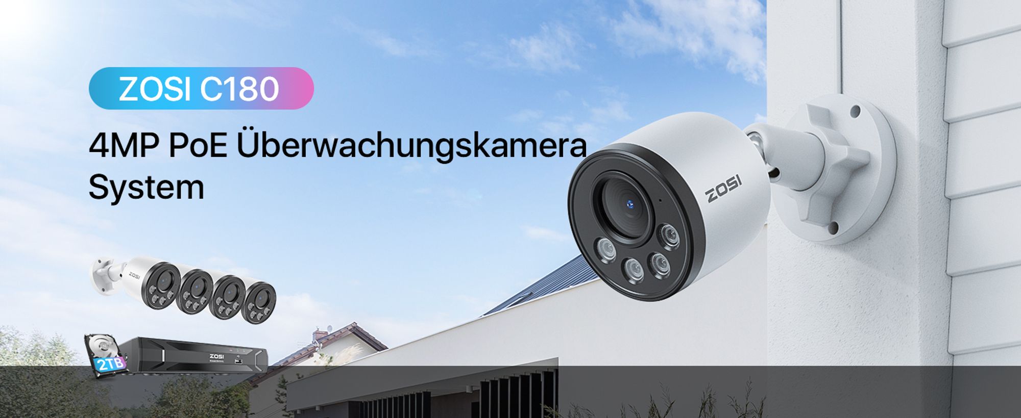 ZOSI PoE Überwachungskamera Set Aussen, 4X 4MP PoE Kamera Überwachung mit Audio, H.265+ 5MP 8CH NVR mit 2TB HDD, Personenerkennung, 100ft Nachtsicht, 24/7 Aufnahme