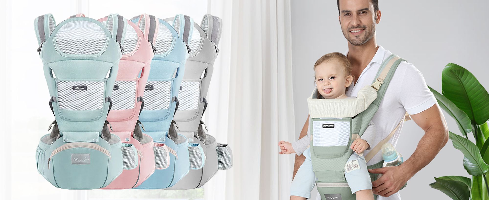 OKWISH Babytrage Bauch- & Rückentrage, Ergonomisch, für Neugeborene bis Kleinkinder (3-20kg), leicht, Baumwolle,Taillenumfang 71-118 cm, mit 3 Taschen, Grau