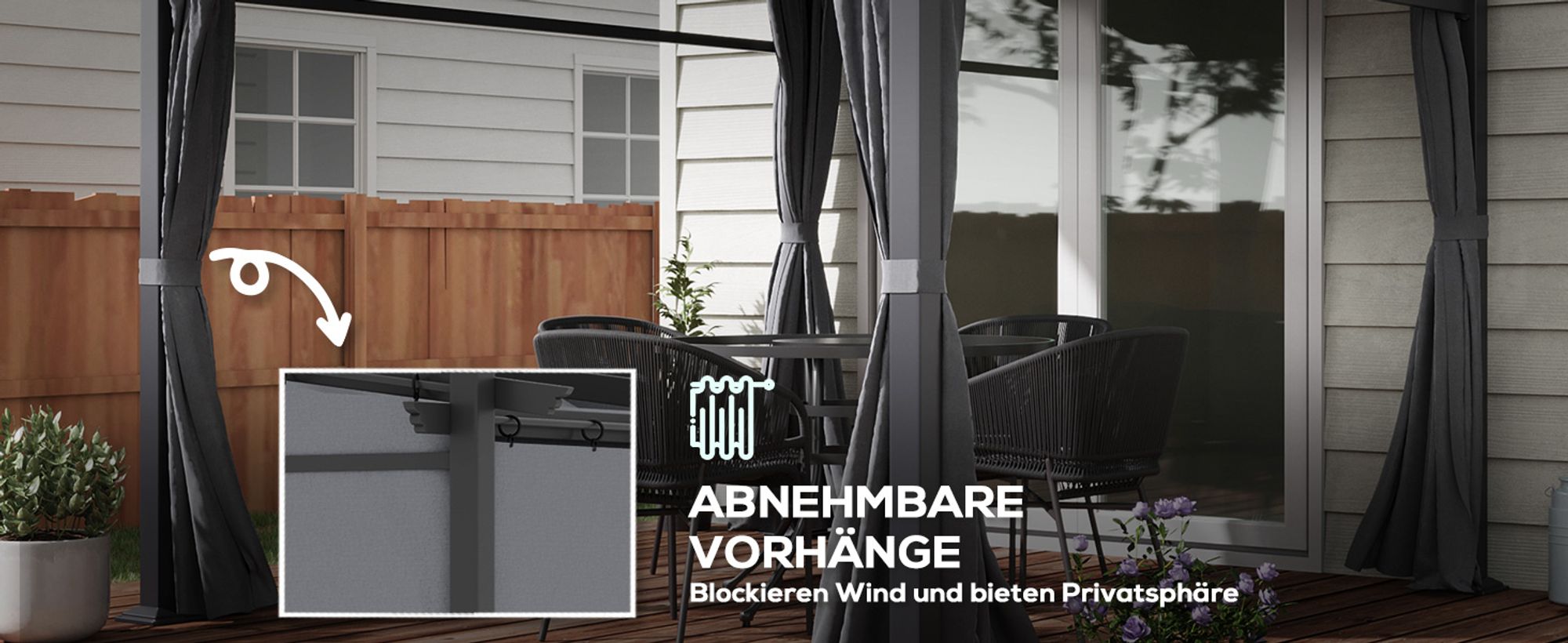 Outsunny Pergola 2,97 x 2,95 m Gartenpavillon mit Sonnendach, Seitenteilen