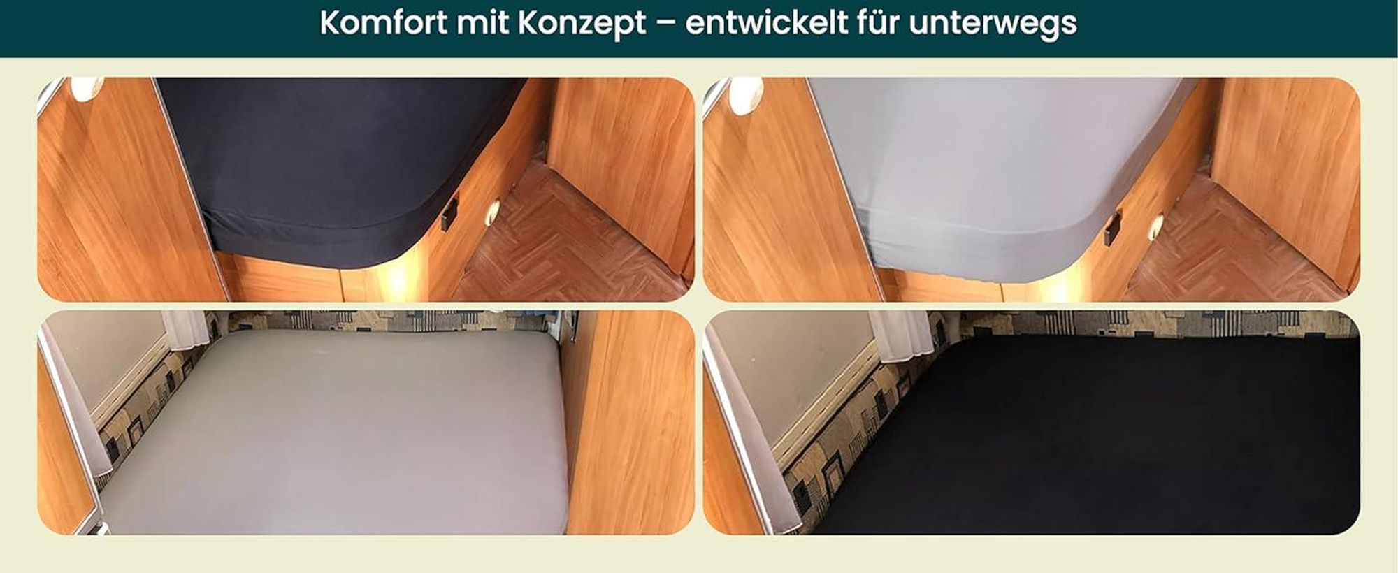 Praktische Fotos, die das Spannbettlaken auf einer Queen-Size-Wohnmobilmatratze zeigen.