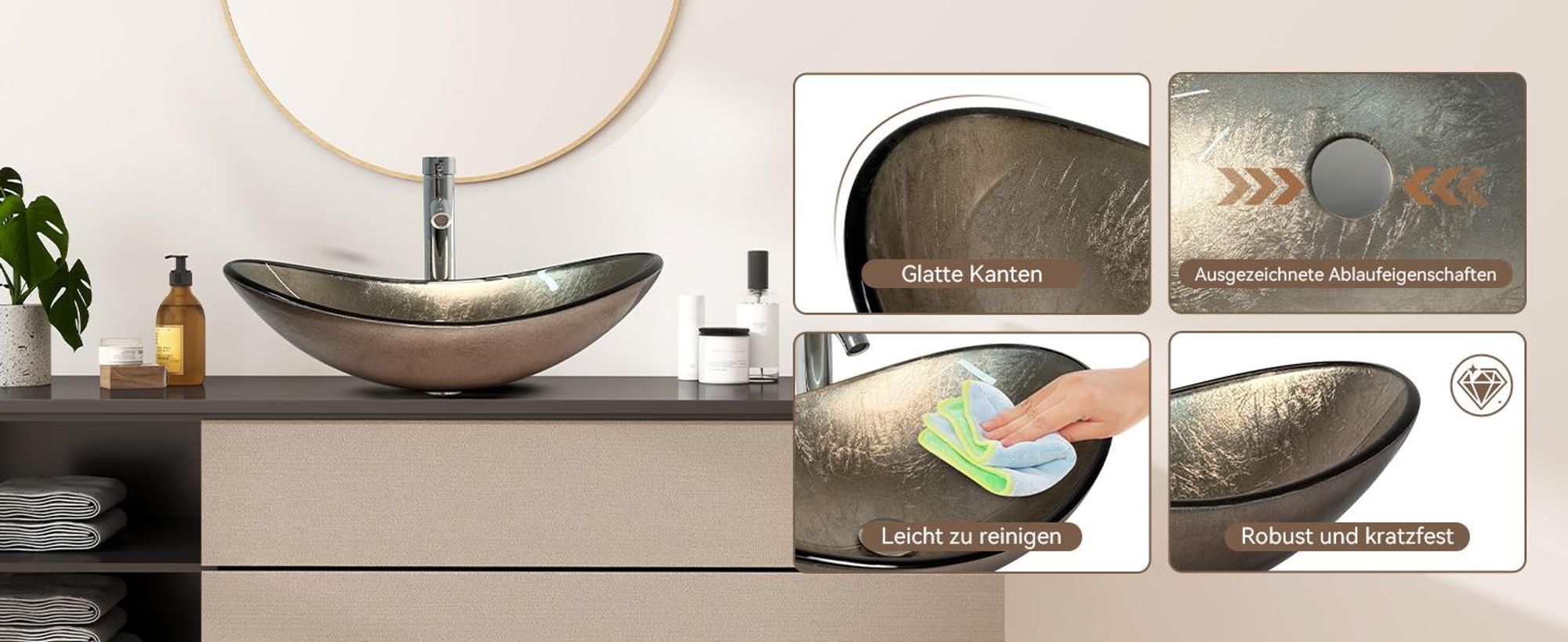 Puluomis Waschbecken Glas Aufsatzwaschbecken Waschschale Oval mit Wasserhahn Ablaufgarnitur Champagner