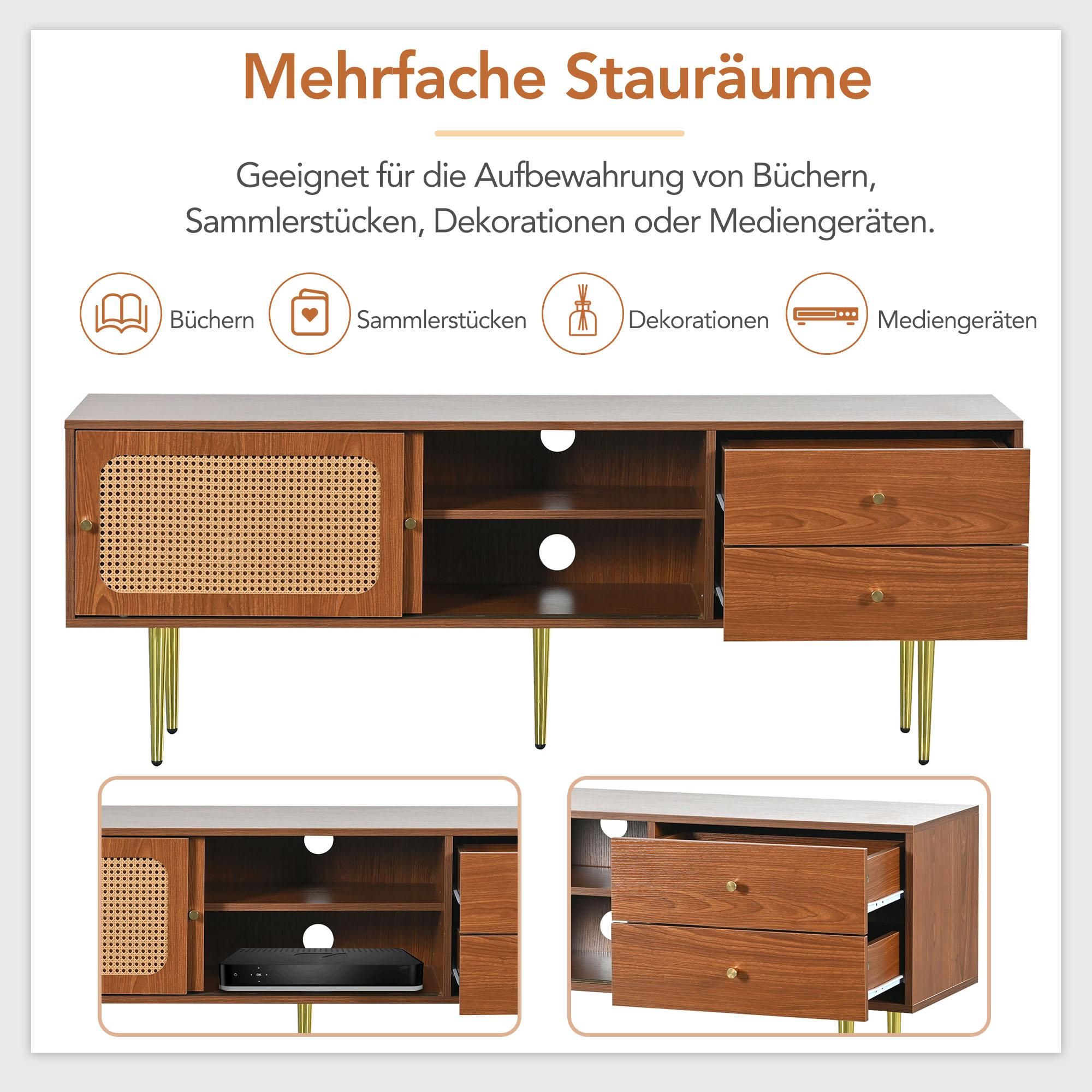 Merax TV-Lowboard mit 2 Schubladen und 2 Schiebetüren, TV-Schrank mit Rattan Geflecht und Metallfüße, 160*40*60cm, Vintage Braun