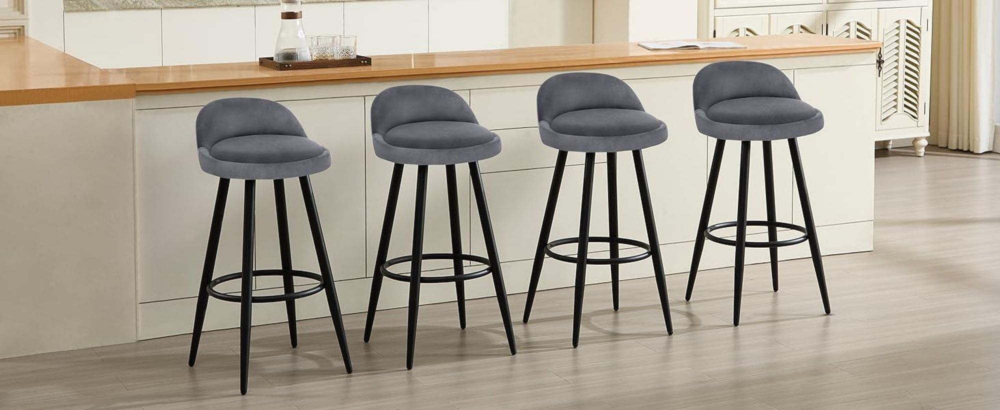 WOLTU Barhocker 2er Set Barstuhl Hocker Tresenhocker Bistrohocker Designer Hocker mit Lehne und Fußstütze aus Samt Metall, Dunkelgrau