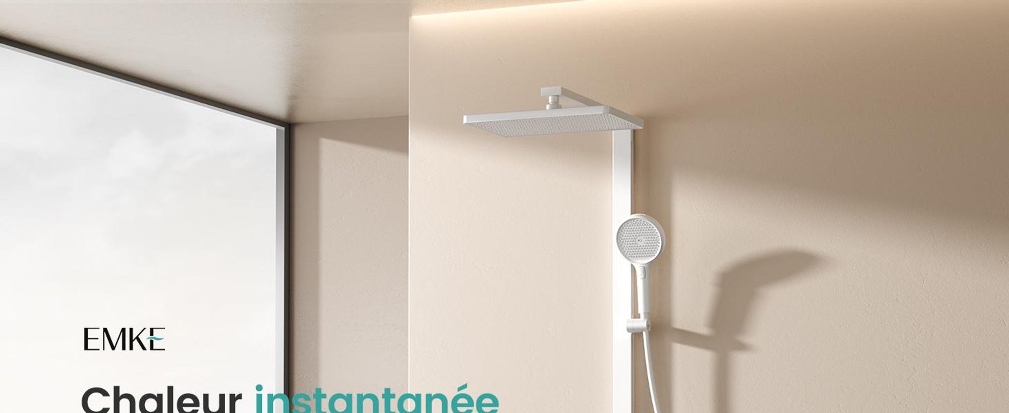 EMKE Système de douche avec thermostat, pommeau de douche à effet pluie 36x24cm, douche à effet pluie avec support en verre, douchette à main avec 4 jets, robinetterie de salle de bains & douche, blanc mat