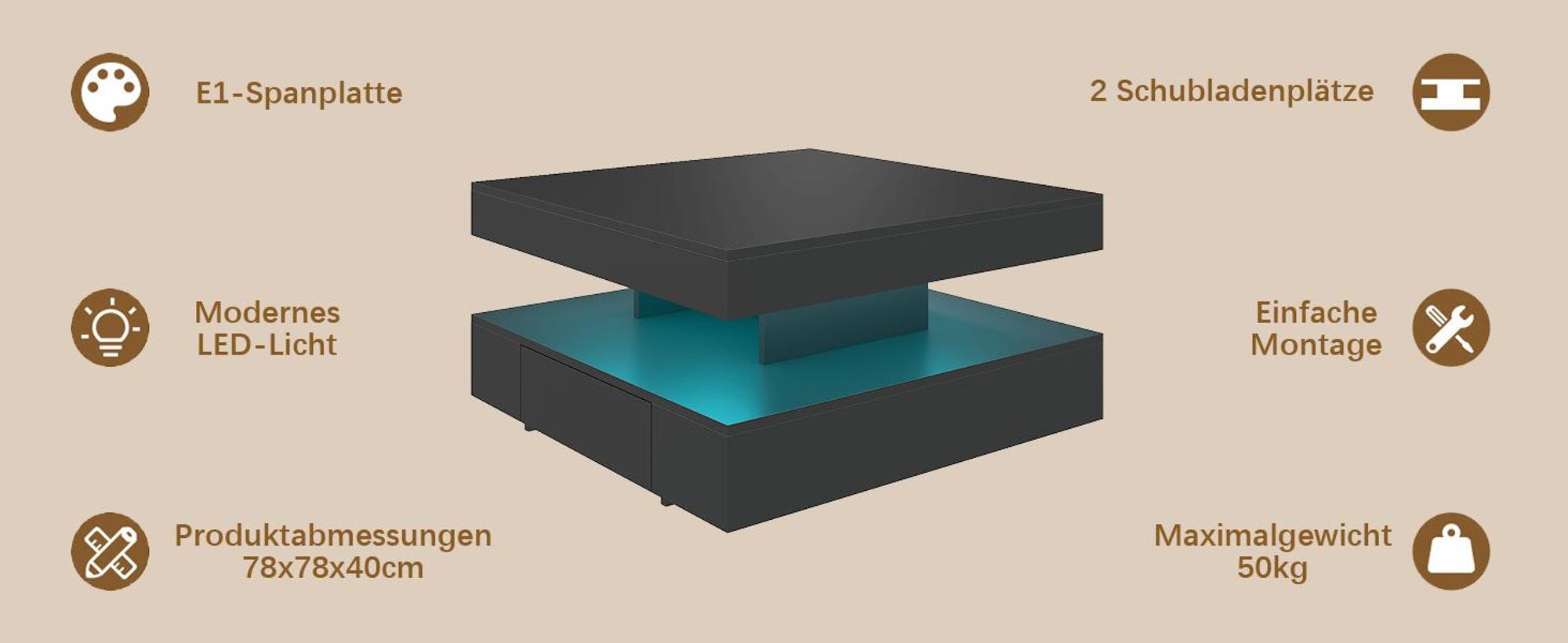 Radelldar Wohnzimmertisch mit 2 Schubladen, mit LED und Verstecktem Stauraum, matt 78x78x40cm, Schwarz