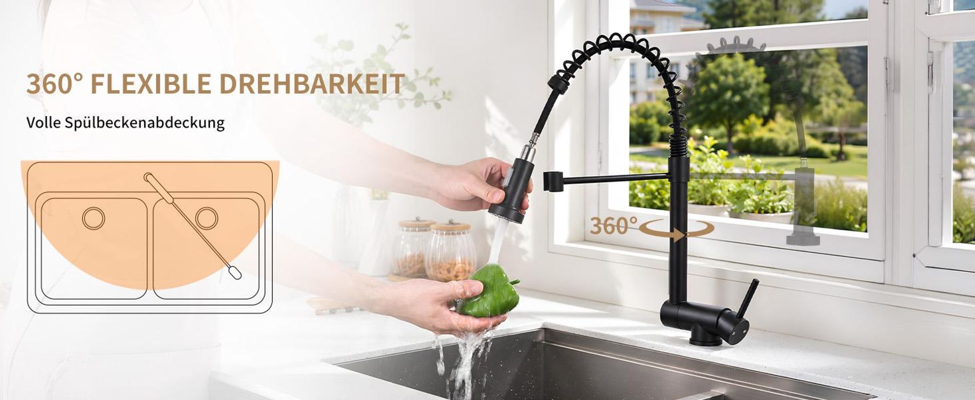 Homelody Vorfenster Küchenarmatur Klappbar, 90° Faltbar 360° Drehbare Hochdruck Edelstahl Wasserhahn Küche mit Brause Ausziehbar 2 Strahlarten Schwarz