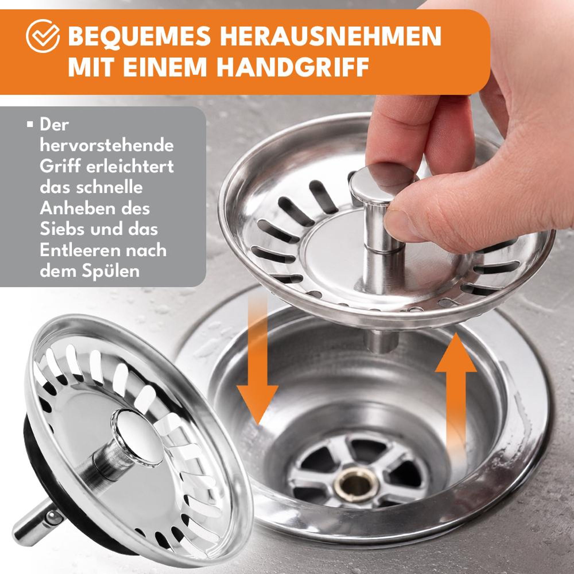 KRUMAD Abflussstopfen mit Sieb 79 mm, Waschbeckenstöpsel aus Edelstahl, Siebkörbchen für Spülbecken, Spülenstopfen Küche, Ablaufstopfen