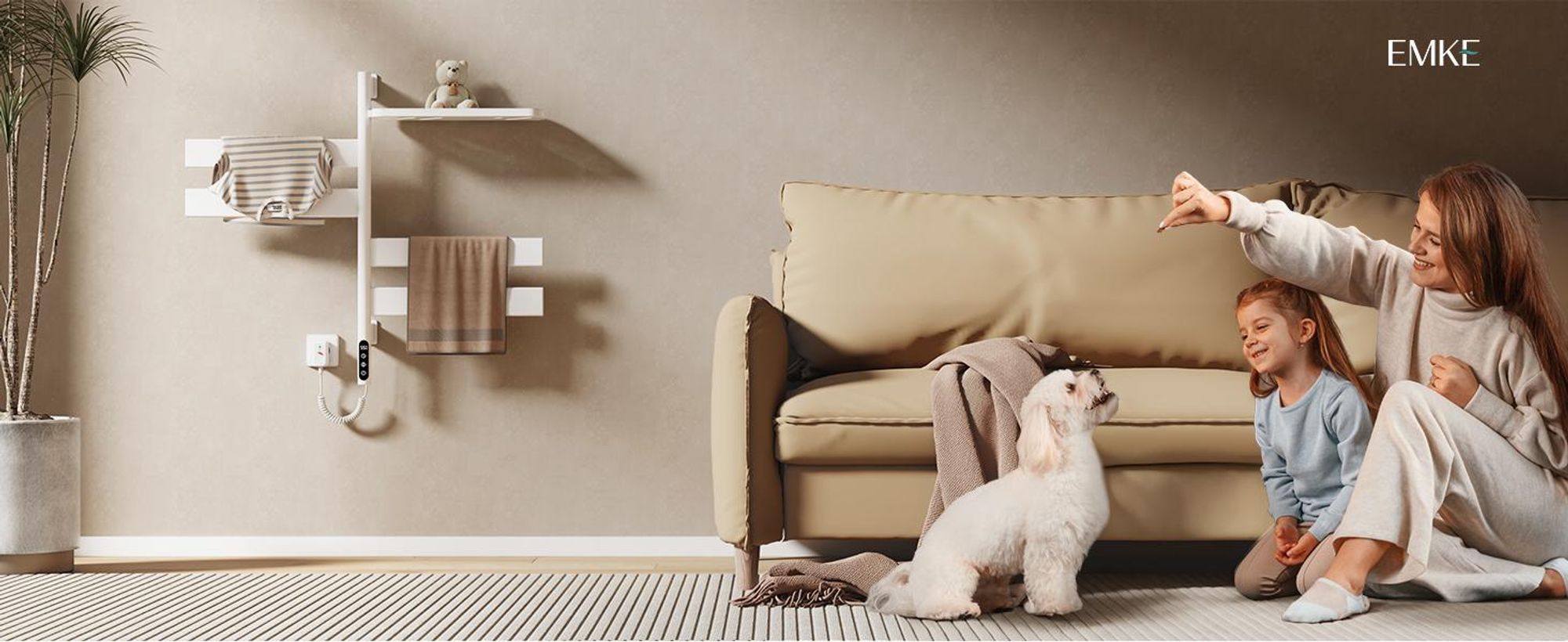EMKE Scaldasalviette Elettrico con Portasciugamani Girevole e Mensola, Termoarredo Bagno WiFi con App e Controllo Vocale, Timer, 76x45x14 cm, Bianco