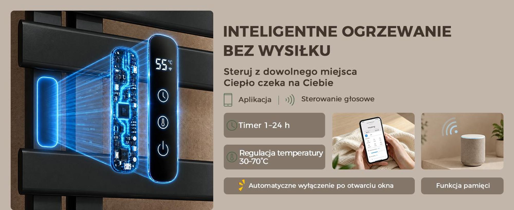 S'AFIELINA Grzejnik Łazienkowy Elektryczny 1050×500 mm 335 W Czarny, Grzejnik na Ręczniki z Półką, WiFi, Ogrzewanie Włóknem Węglowym, 6 Trybów