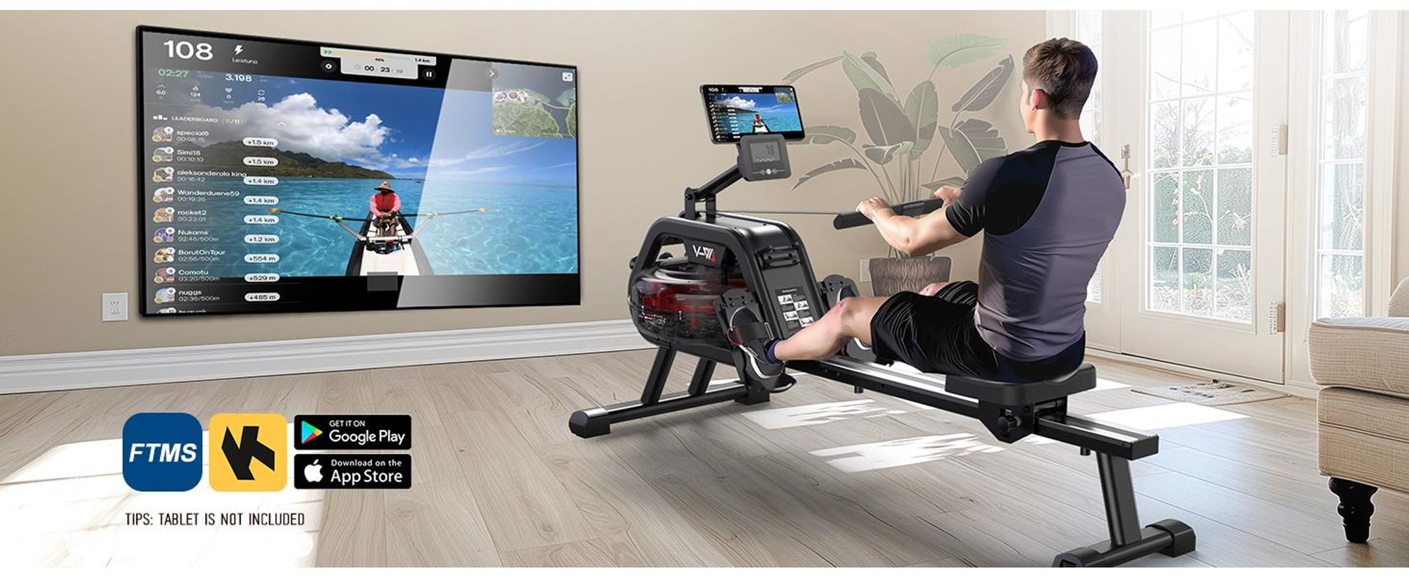 VOWVIT Wasser-Rudergerät mit Bluetooth, leise, 6 Stufen, 160 kg, 3 Rollen, Tank, bis 210 cm