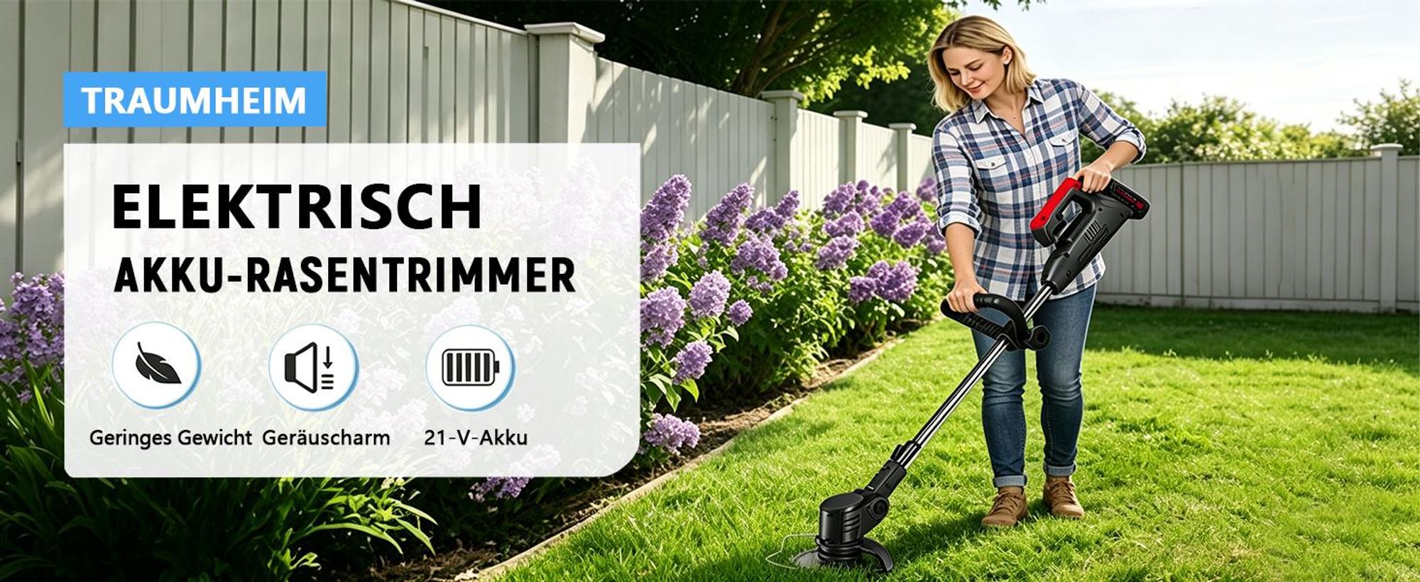 Akku-Rasentrimmer, elektrischer Rasenmäher, mit 2 Akkus und Ladegerät, 180° Schnittwinkel, Teleskopstiel und Zusatzgriff