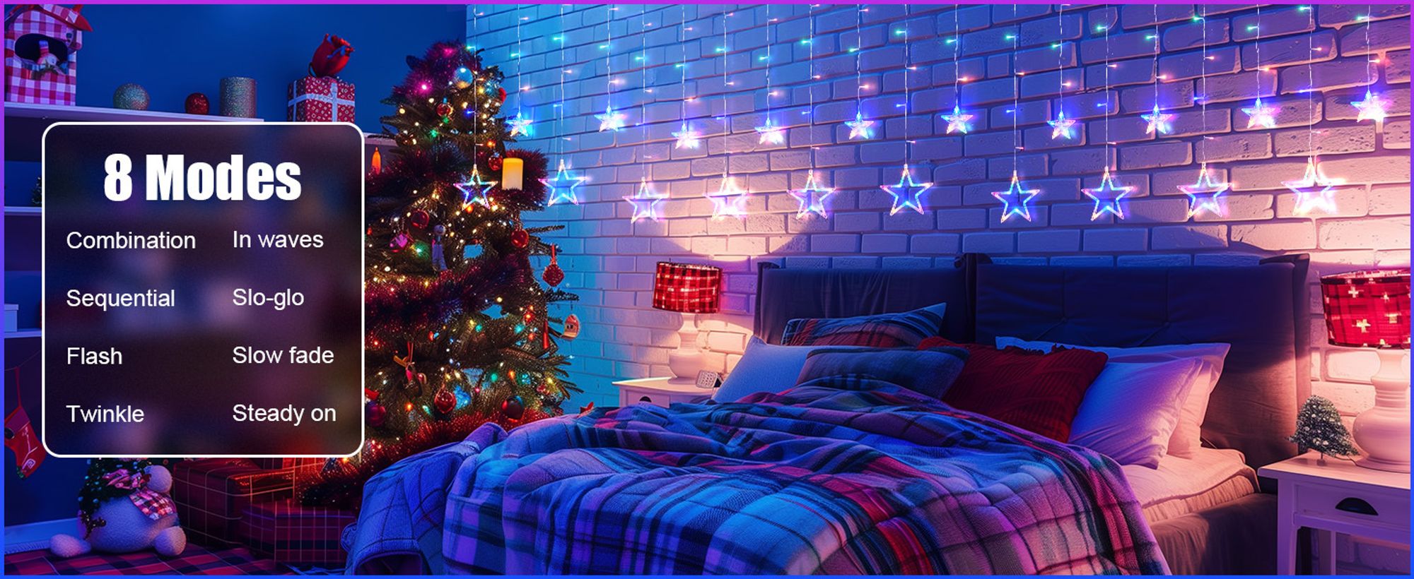 Lichterkette Sterne Strom 120 LED Weihnachtsbeleuchtung Fenster, 3.5x1m Lichtervorhang Fenster Weihnachten mit 12er Sterne,Weihnachtsdeko (bunt)