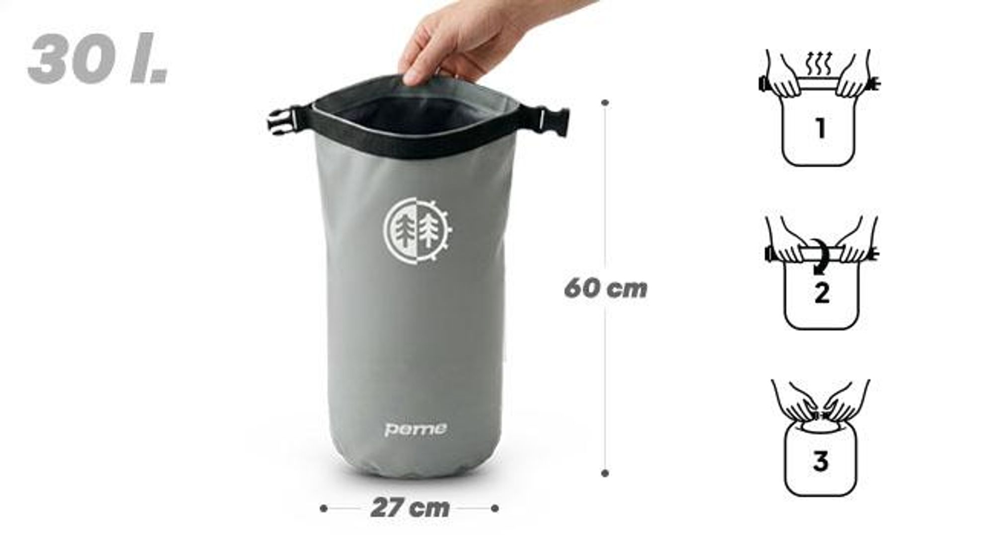PEME Hydro Dry Bag 30L Wasserdichter Packsack Wasserdichte Tasche für SUP Kanu Kajak Schwimmen Wasserfester Beutel Nassbeutel Umhängetasche Grau