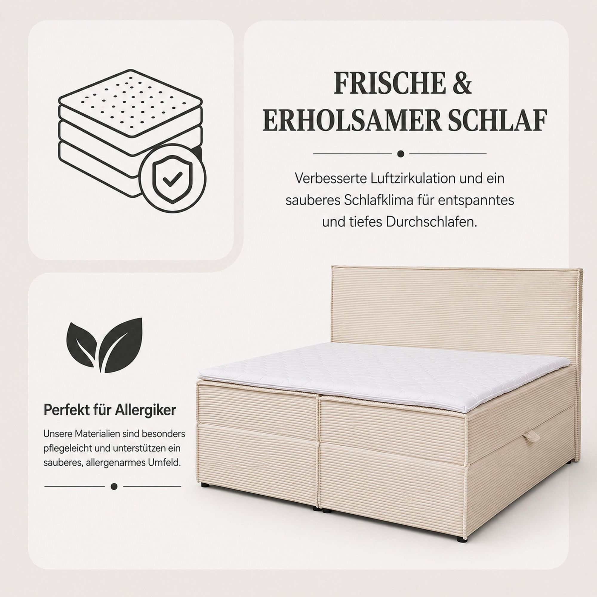 VENASI Boxspringbett 180x200 mit Bettkasten, Gloria Doppelbett Beige Cordstoff