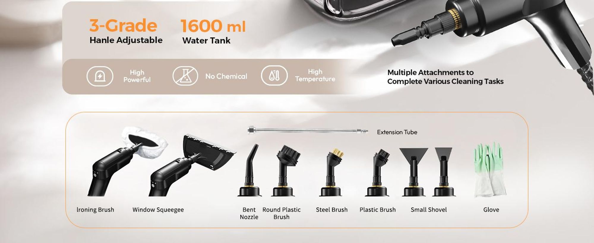 2500W Dampfreiniger, 1600ML großer Tank, 3 Bar tragbarer Handdampfreiniger, 3 einstellbare Dampfmenge, 13 Zubehör-Dampfgarer für Zuhause Küche Auto