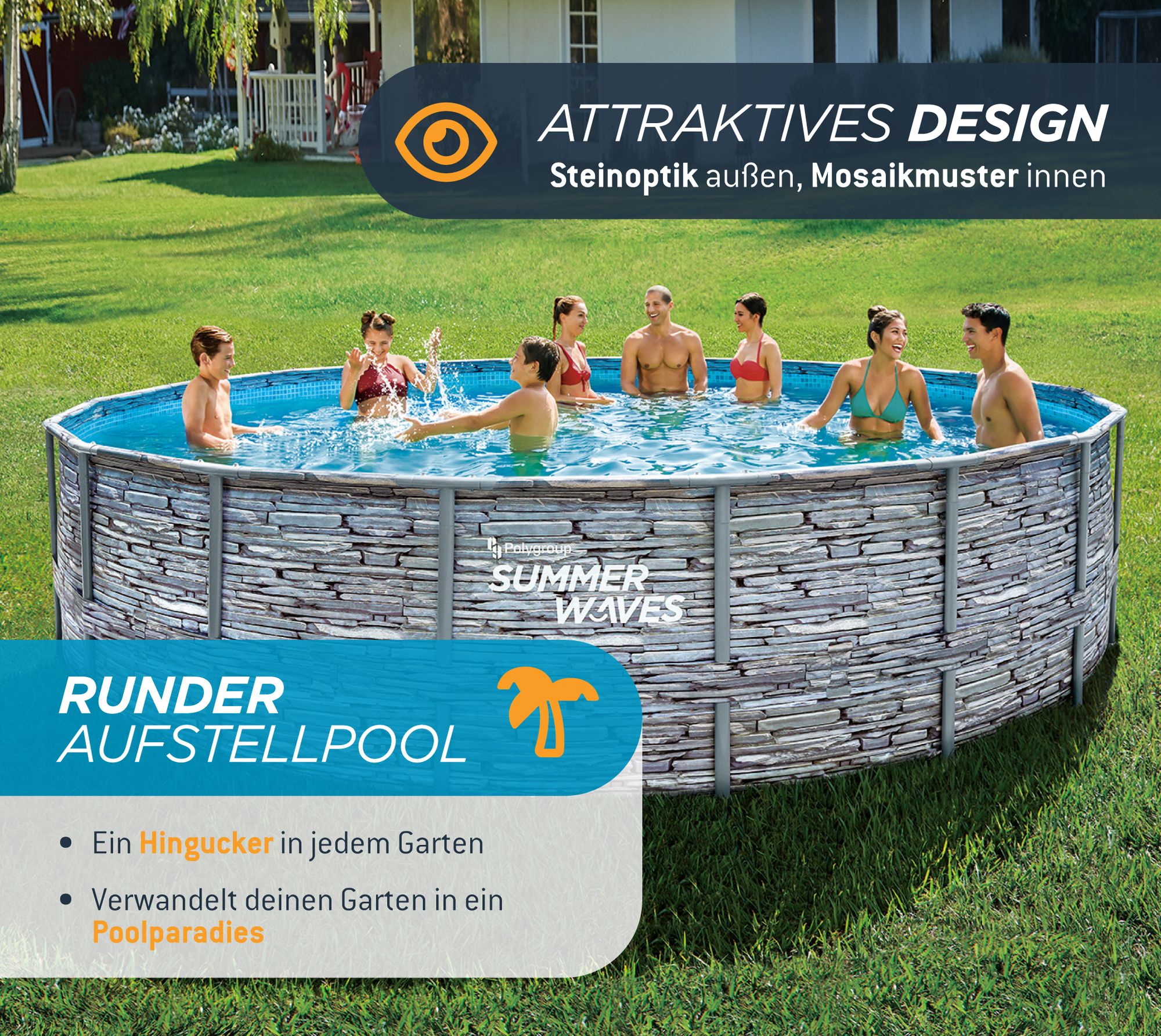 Summer Waves Elite Frame Pool Aufstellpool rund Komplettset Steinoptik Ø 549x132 cm