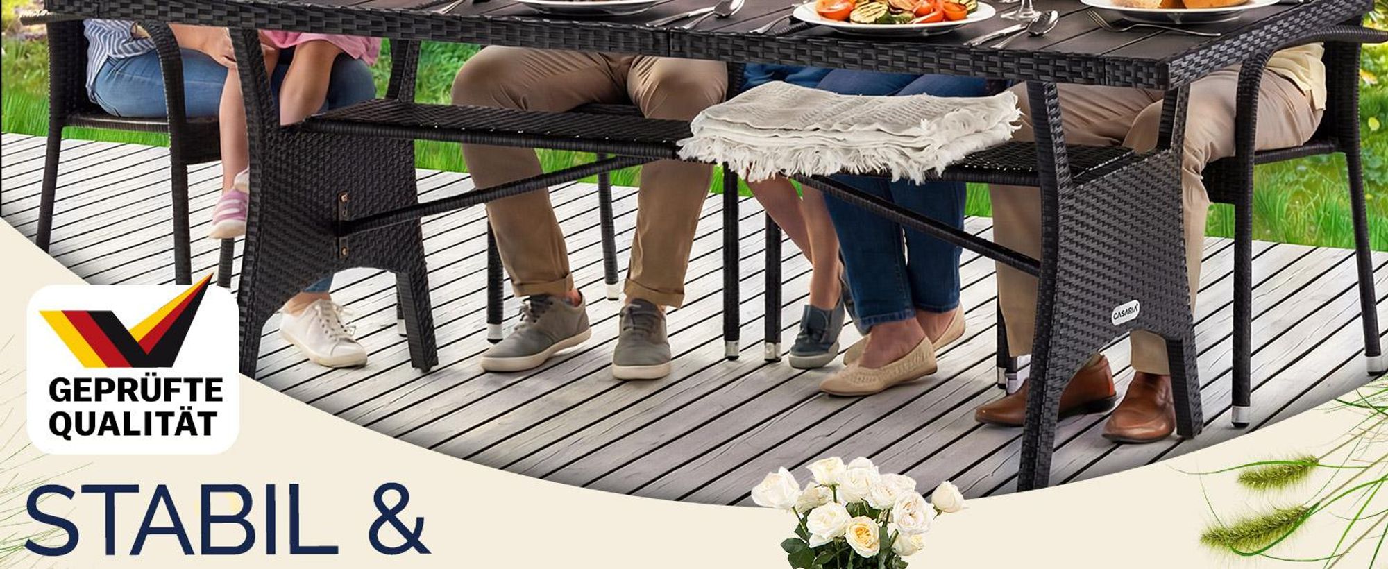 CASARIA® Polyrattan Gartentisch Schwarz 190x90x74cm mit Ablage WPC-Tischplatte Höhenverstellbar Holzoptik Wetterfest Garten Terrasse Esstisch Gartenmöbel