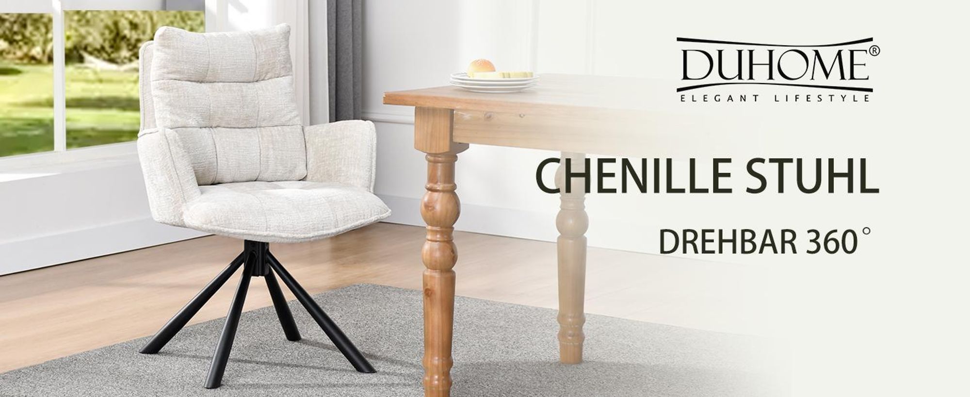 Duhome Esszimmerstuhl 360° Drehbar Loungesessel 4er Set Chenille Stuhl mit Rückstellfunktion für Büro Küche Wohnzimmer Schlafzimmer, Weiß