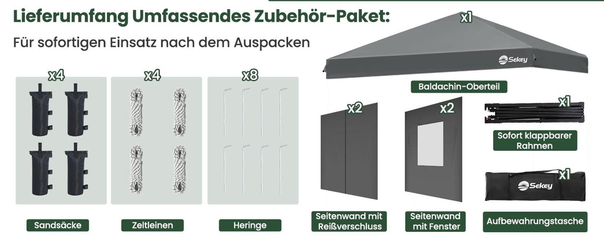 Sekey Faltpavillon 3x3 m Gartenpavillon mit 4 Seitenteilen und Privatsphären Fenster
