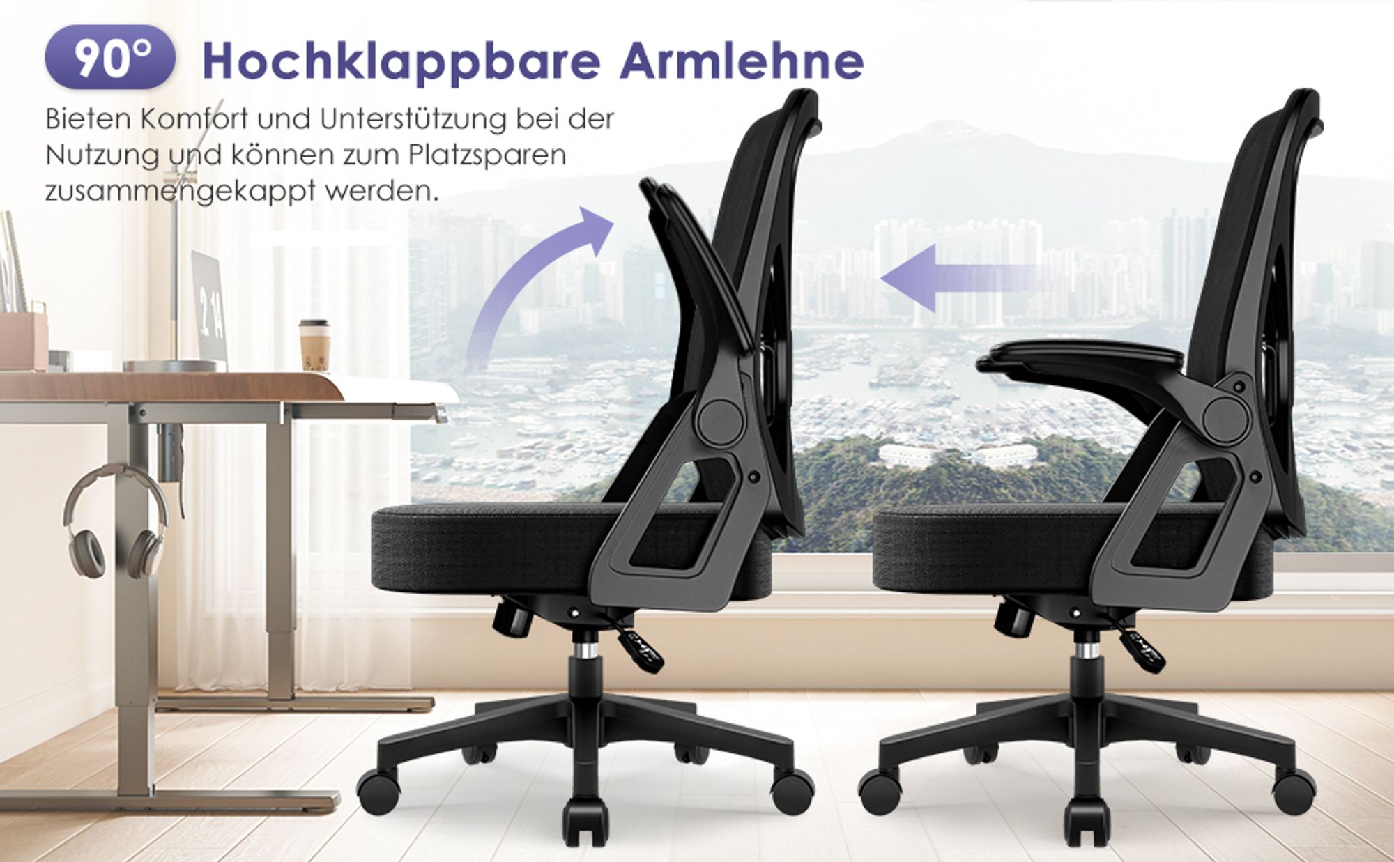 Portreen Bürostuhl, Schreibtischstuhl, bürostuhl ergonomisch mit Verstellbaren Armlehnen, höhenverstellbar,S-förmige Lendenstütze,Chefsessel 150kg