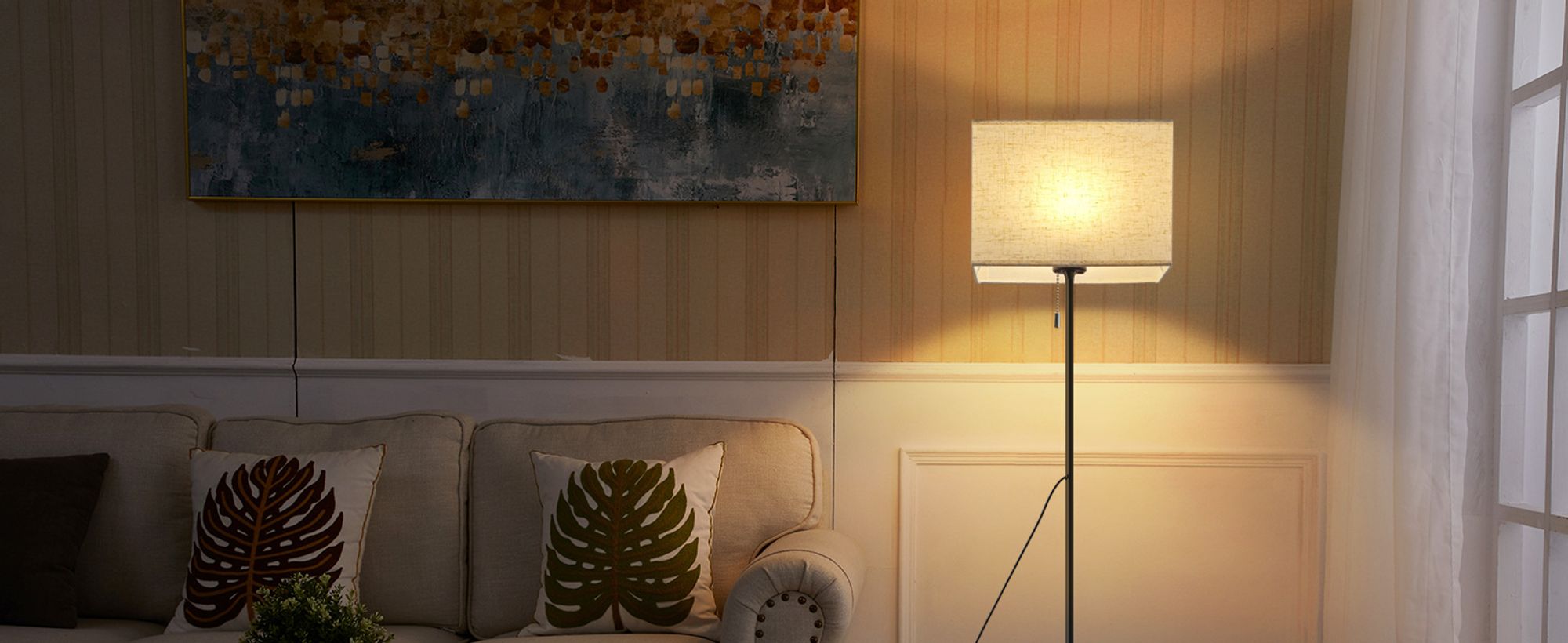 ZMH Standlampe Stoff Wohnzimmer Vintage Stehleuchte LED Dimmbar Standleuchte 134cm Stehlampe Beige Lampenschirm Wohnzimmerlampe Seilzugschalter