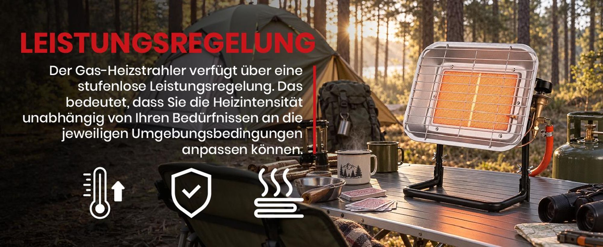 Gasheizstrahler Gazcamp Strahlende Flaschenhalter MalTec STEHEND 4,5kW Sunshine Camping inkl. Gasschlauch Gasdruckregler