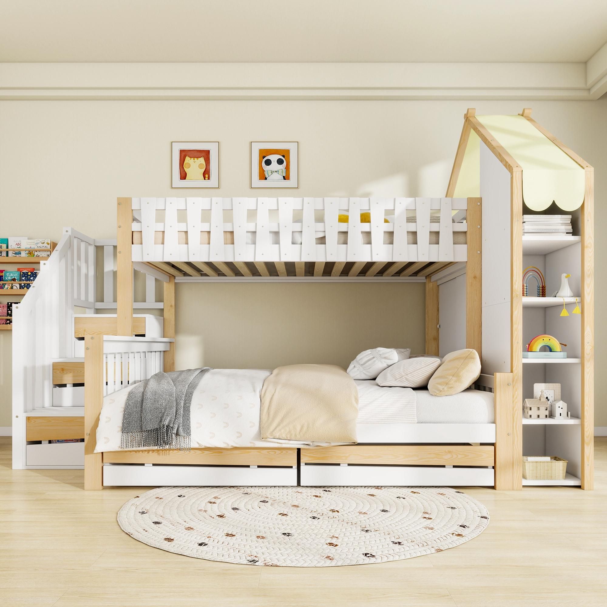 Flieks Etagenbett 90x200cm / 140x200cm, Kinderbett Hochbett mit Schubladen, Hausbett mit seitlichem Regal, Stockbett Holzbett 2 Kinder, Naturbelassen