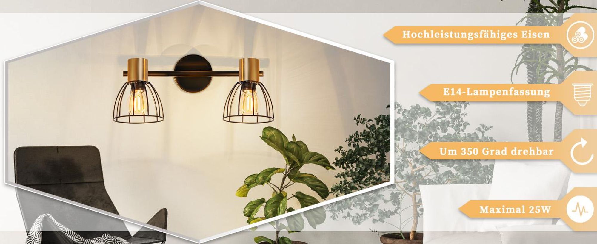 ZMH 2 Flammig Wandleuchten innen Wandlampe E14 Schwarz Wandbeleuchtung Schwenkbar 350° Flurlampe Retro Metall Wandspot für Treppen Flur Wohnzimmer
